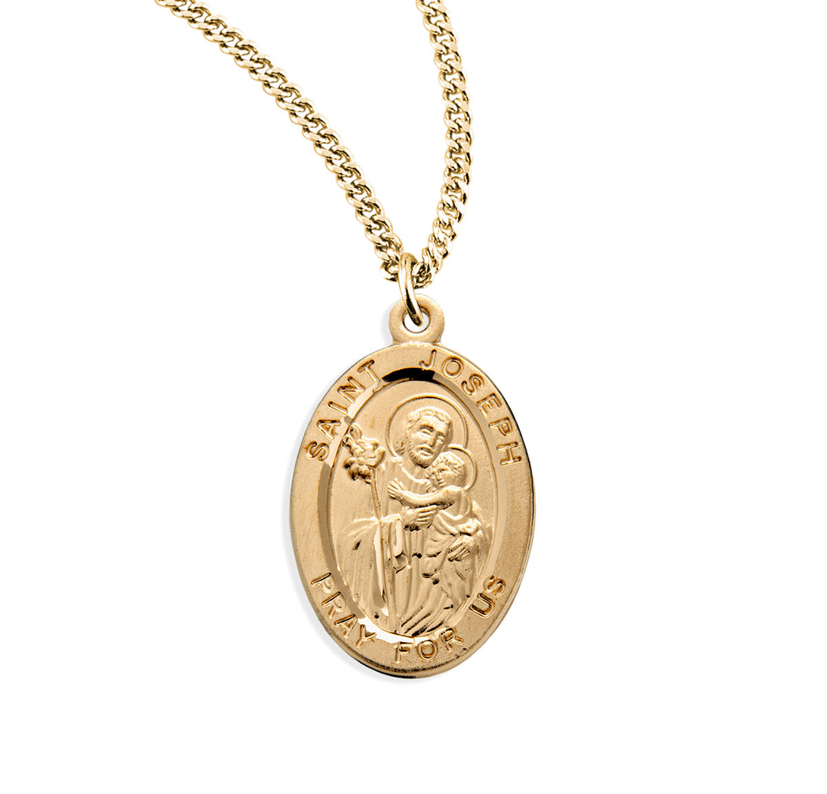 Oval gold over sterling silver Saint Joseph medal showing him holding the Infant Jesus, on a gold chain