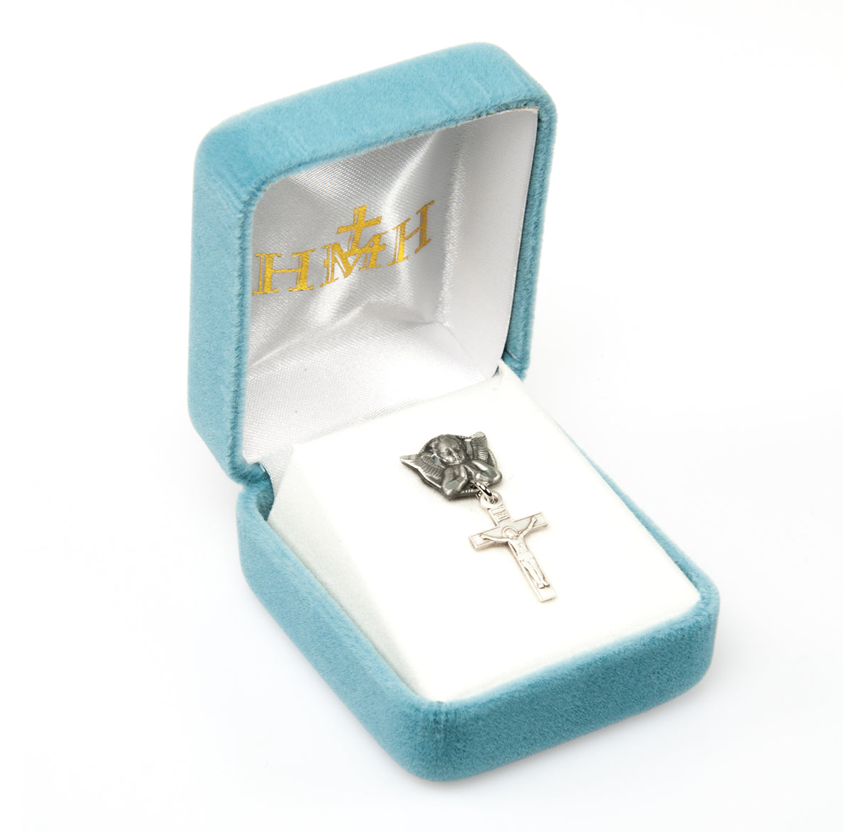 Sterling Silver Baby Cross on an Angel Pin Necklace | .925 Silver