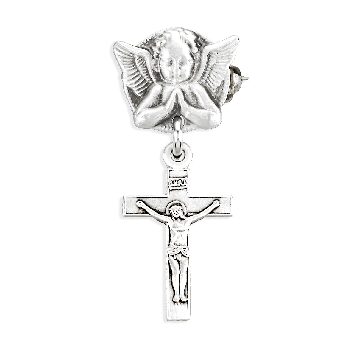Sterling Silver Baby Cross on an Angel Pin Necklace | .925 Silver