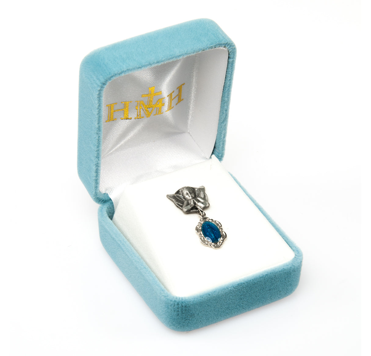 Blue Enameled Oval Fancy Edge Miraculous Baby Medal on an Angel Pin Necklace | Catholic Jewelry