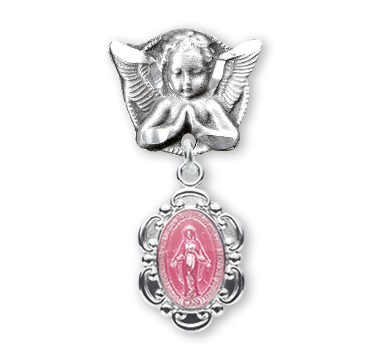Pink Enameled Miraculous Baby Medal on an Angel Pin Necklace | Catholic Jewelry
