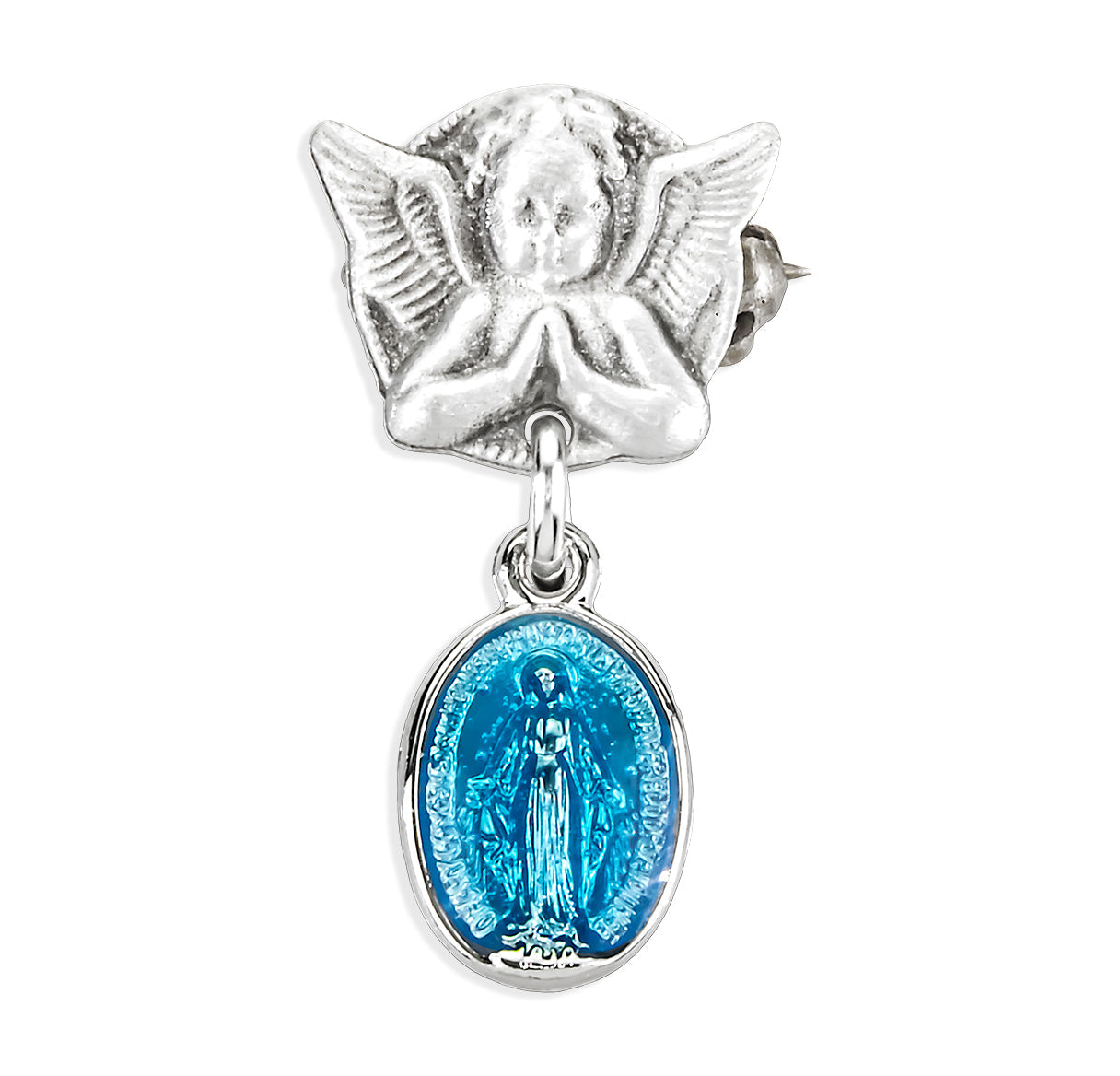 Blue Enameled Oval Sterling Silver Baby Miraculous Baby Medal on an Angel Pin Necklace | .925 Silver