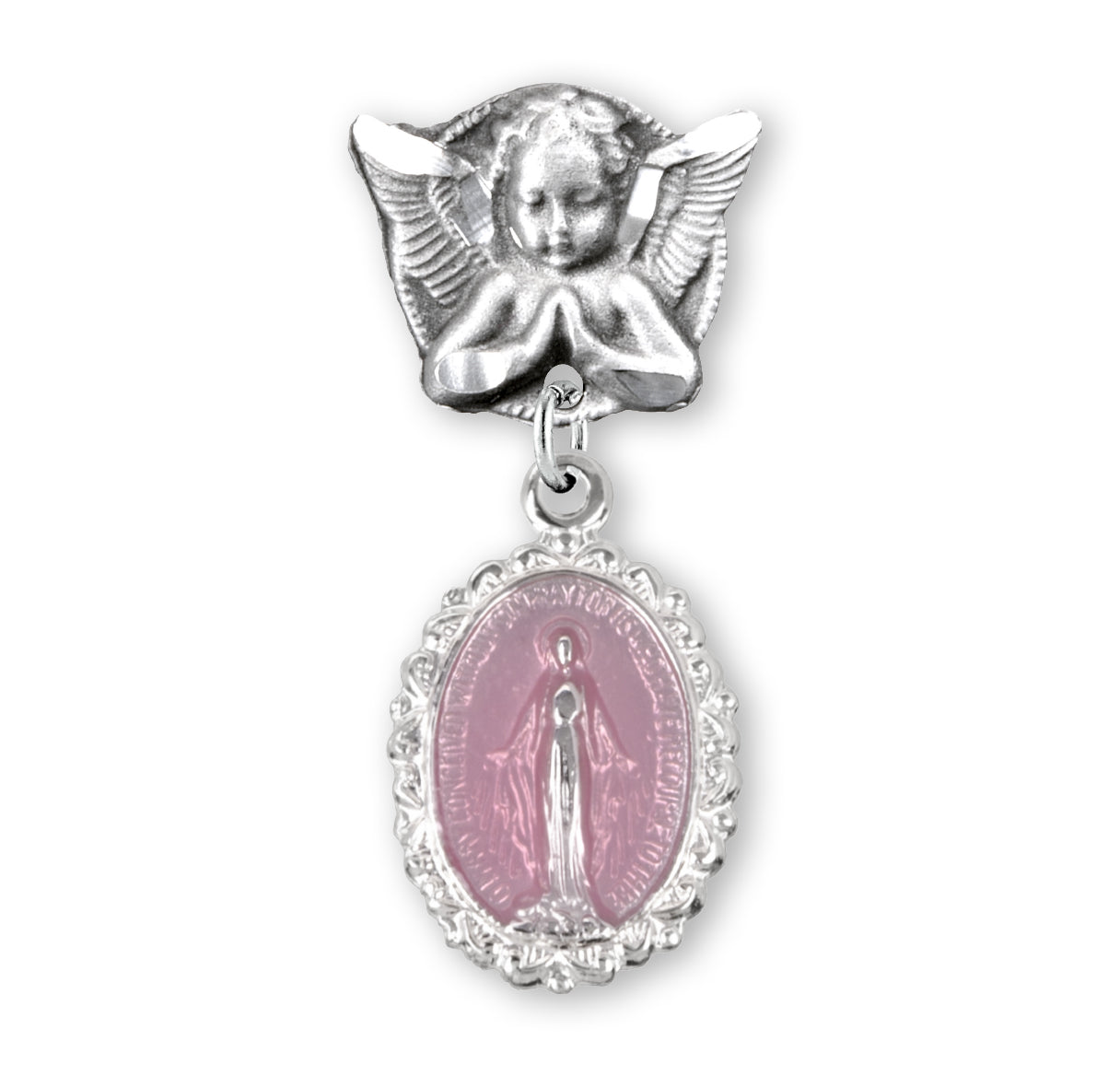 Pink Enameled Baby Miraculous Baby Medal on an Angel Pin Necklace | Catholic Jewelry