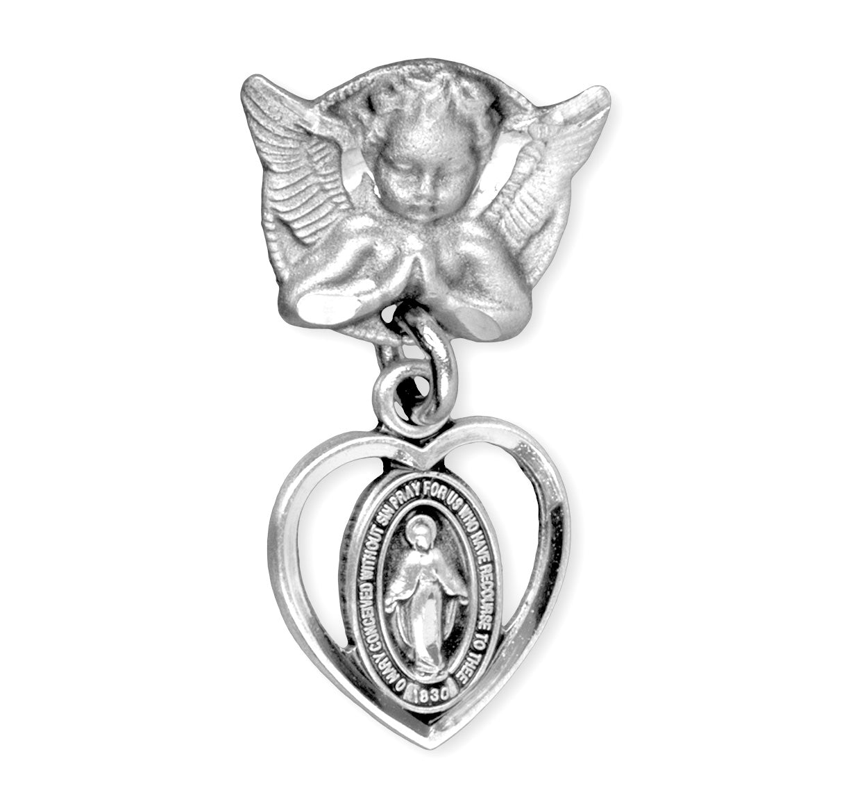 Sterling Silver Pierced Heart Baby Miraculous Medal on an Angel Pin Necklace | .925 Silver