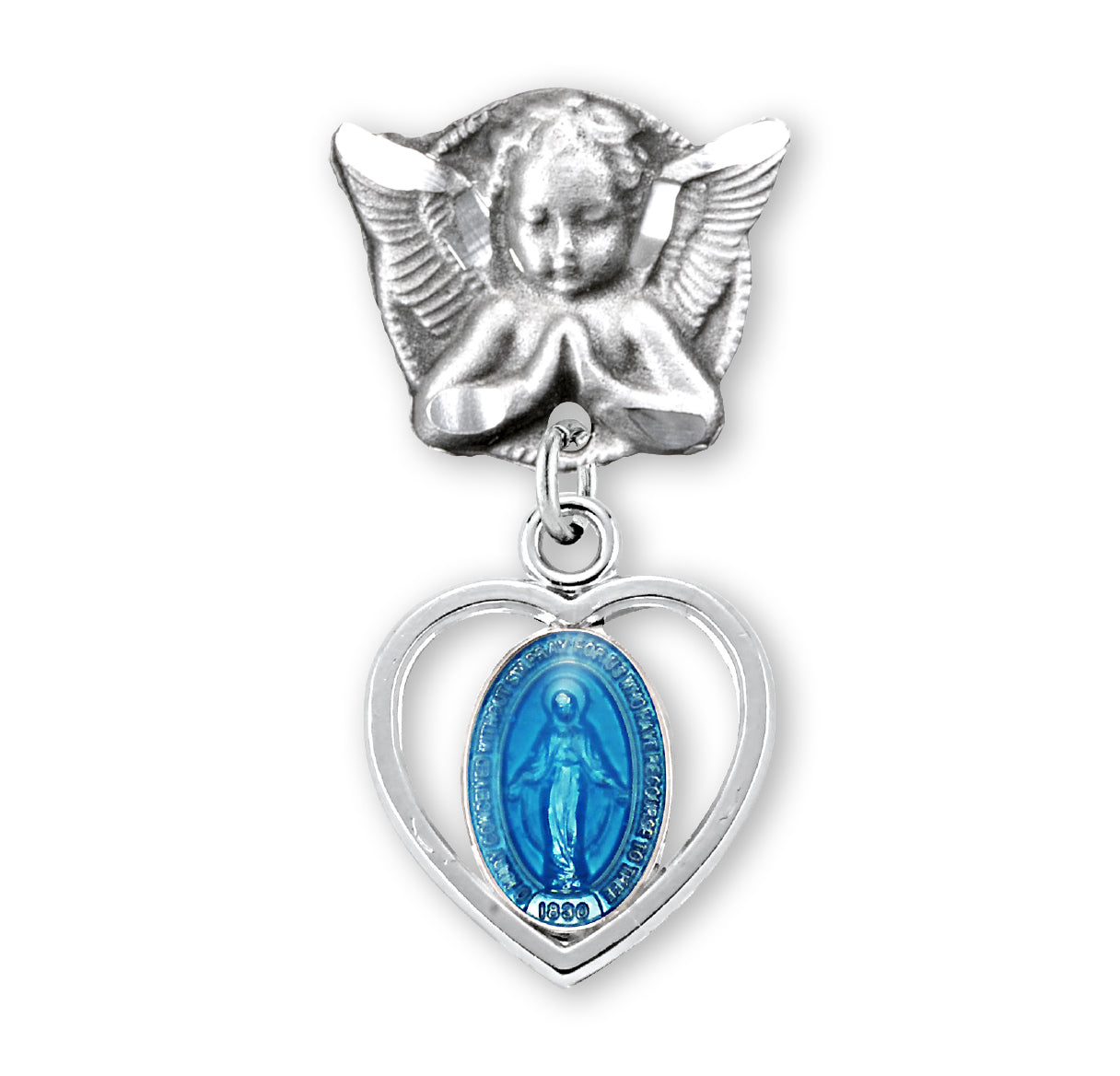 Blue Enameled Pierced Heart Sterling Silver Baby Miraculous Medal on an Angel Pin Necklace | .925 Silver