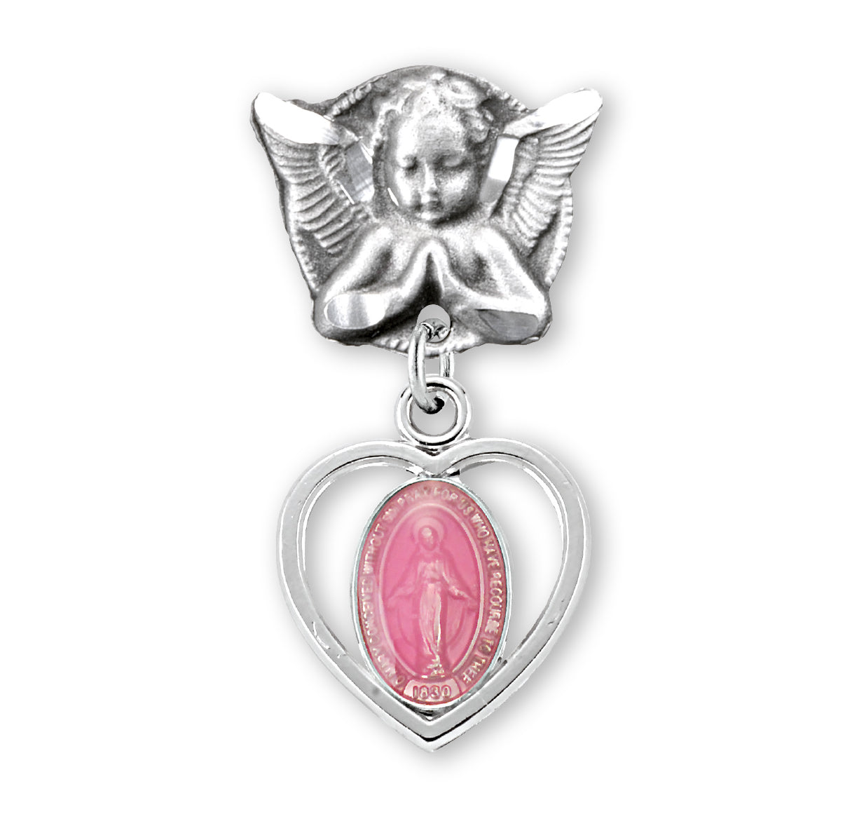 Pink Enameled Pierced Heart Sterling Silver Baby Miraculous Medal on an Angel Pin Necklace | .925 Silver