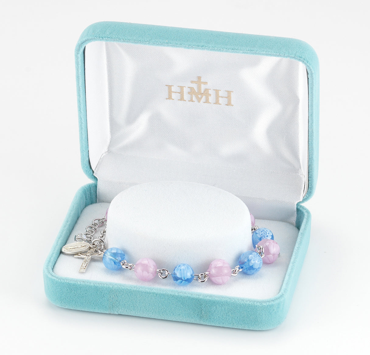 Blue and Pink Venetian Round Glass Bead Sterling Silver Rosary Bracelet | .925 Silver