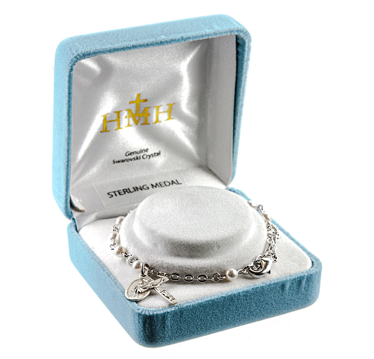 Sterling Silver Rosary Bracelet Created with 4mm White Finest Austrian Crystal Imitation Pearl Beads by HMH | .925 Silver