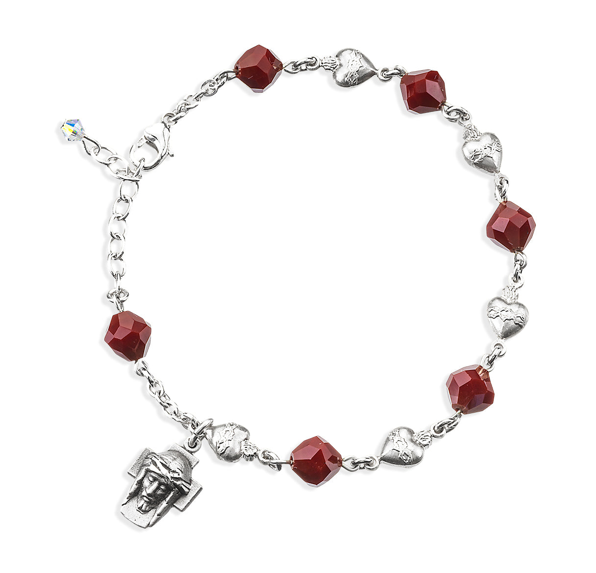 Red Coral Faceted Crystal Sacred Heart Bead Sterling Silver Rosary Bracelet | .925 Silver