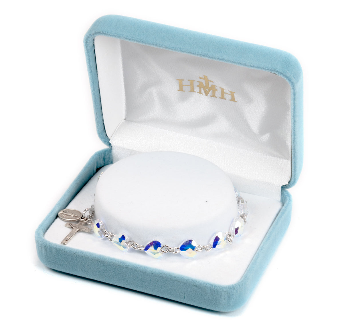 Sterling Silver Rosary Bracelet Created with 8mm Aurora Borealis Finest Austrian Crystal Heart Shape Beads by HMH | .925 Silver