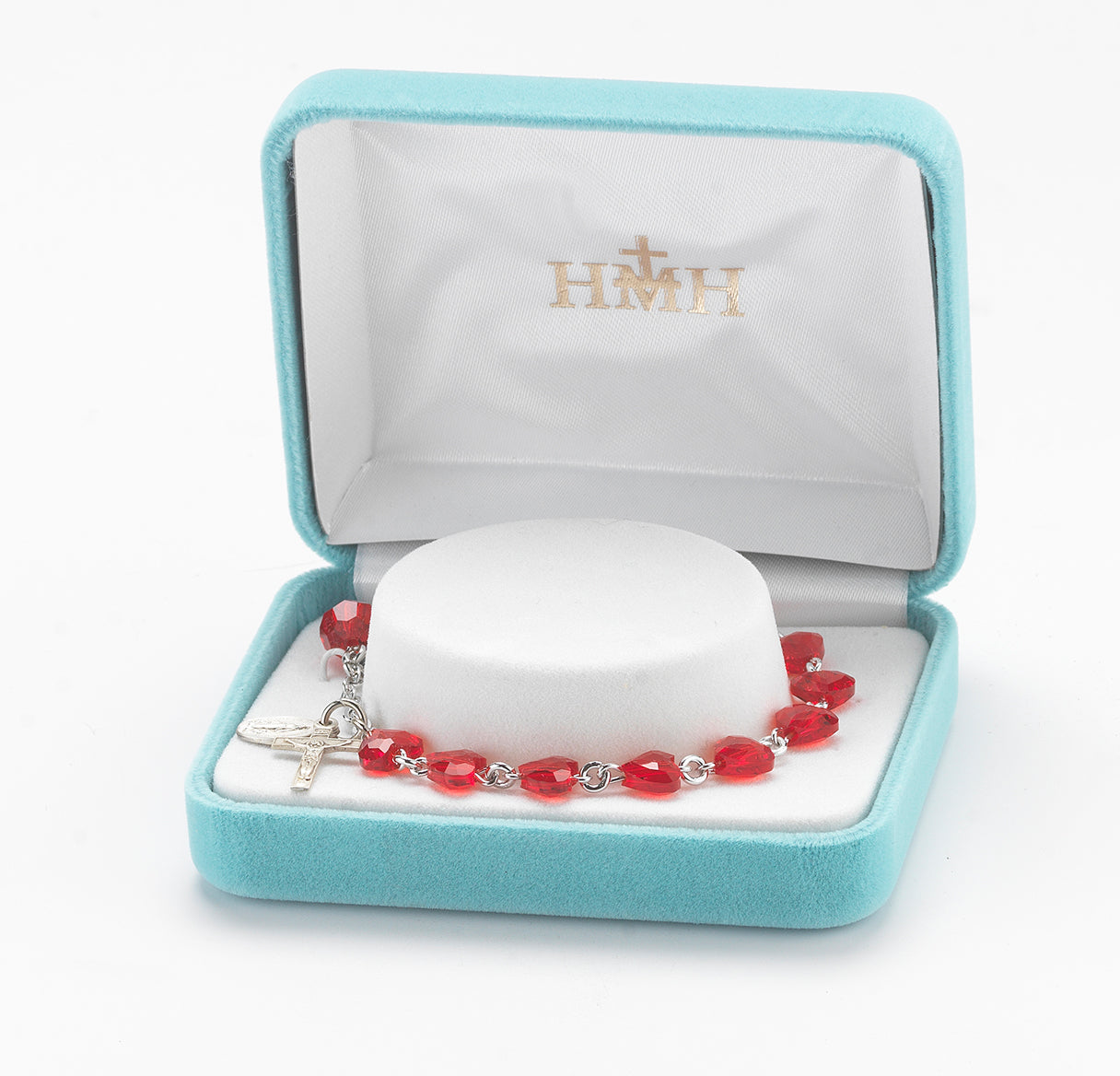 Sterling Silver Rosary Bracelet Created with 8mm Red Finest Austrian Crystal Heart Shape Beads by HMH | .925 Silver