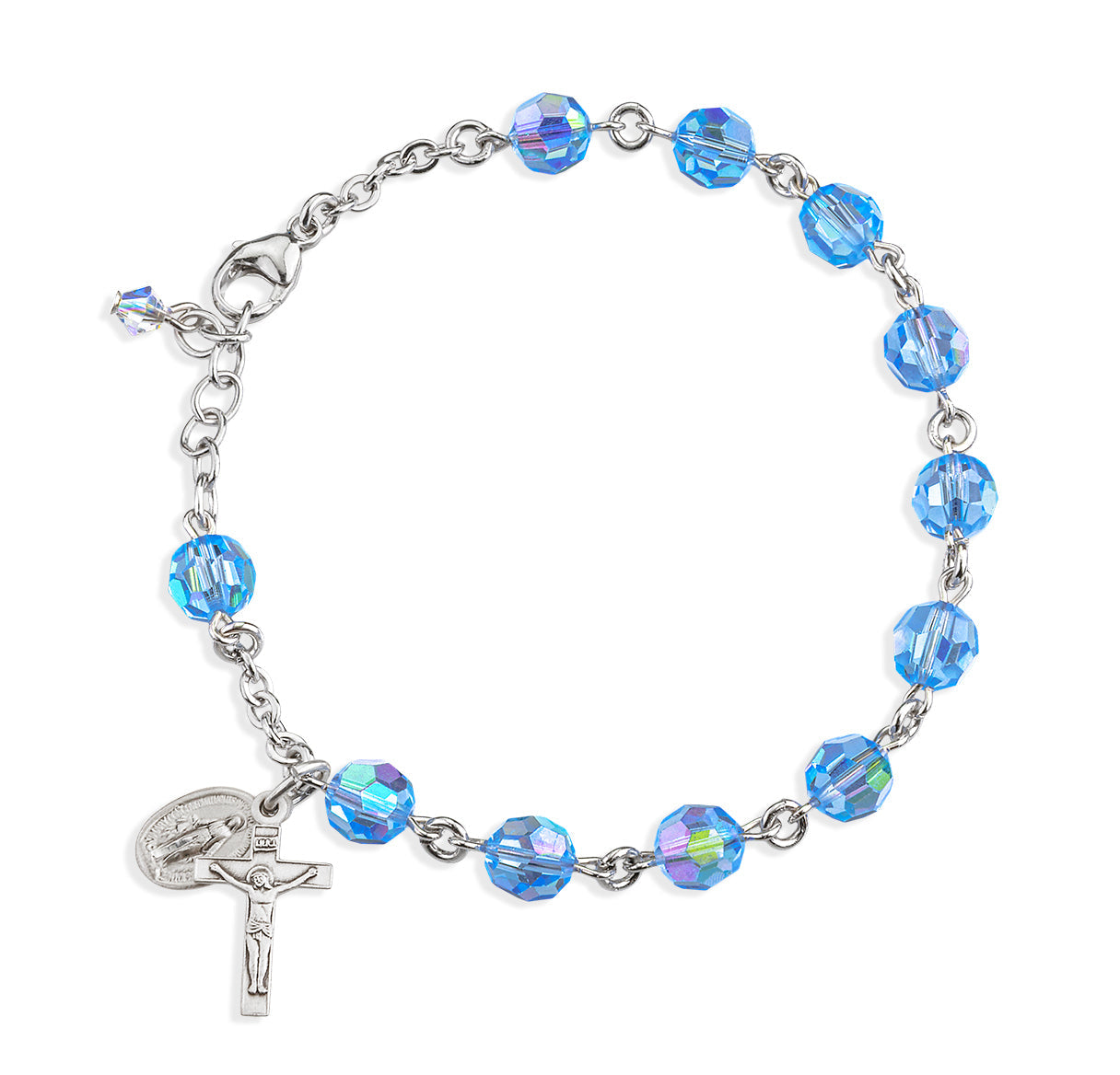 Sterling Silver Rosary Bracelet Created with 7mm Light Sapphire Finest Austrian Crystal Round Beads by HMH | .925 Silver