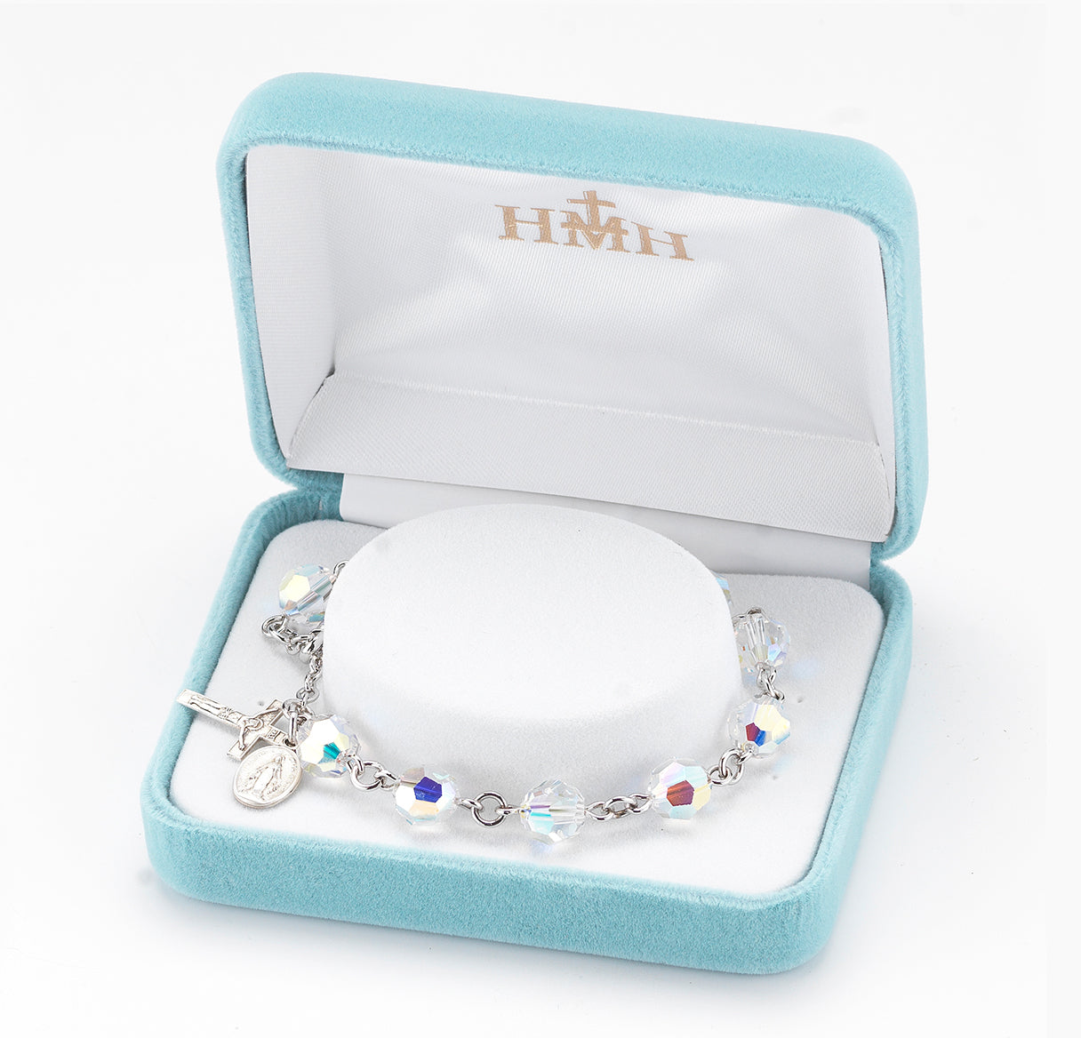 Sterling Silver Rosary Bracelet Created with 8mm Aurora Borealis Finest Austrian Crystal Round Beads by HMH | .925 Silver