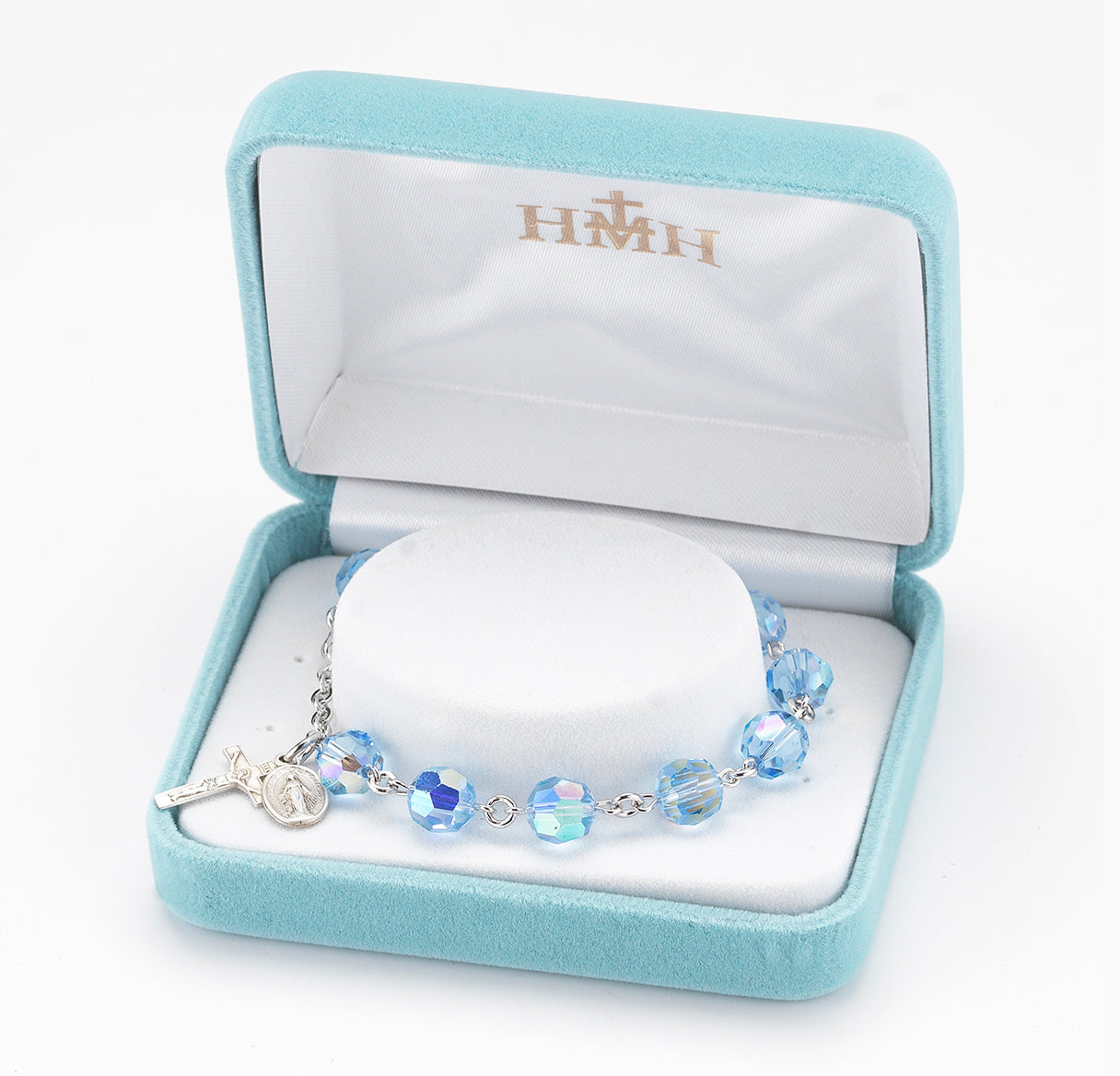 Sterling Silver Rosary Bracelet Created with 8mm Light Sapphire Finest Austrian Crystal Round Beads by HMH | .925 Silver