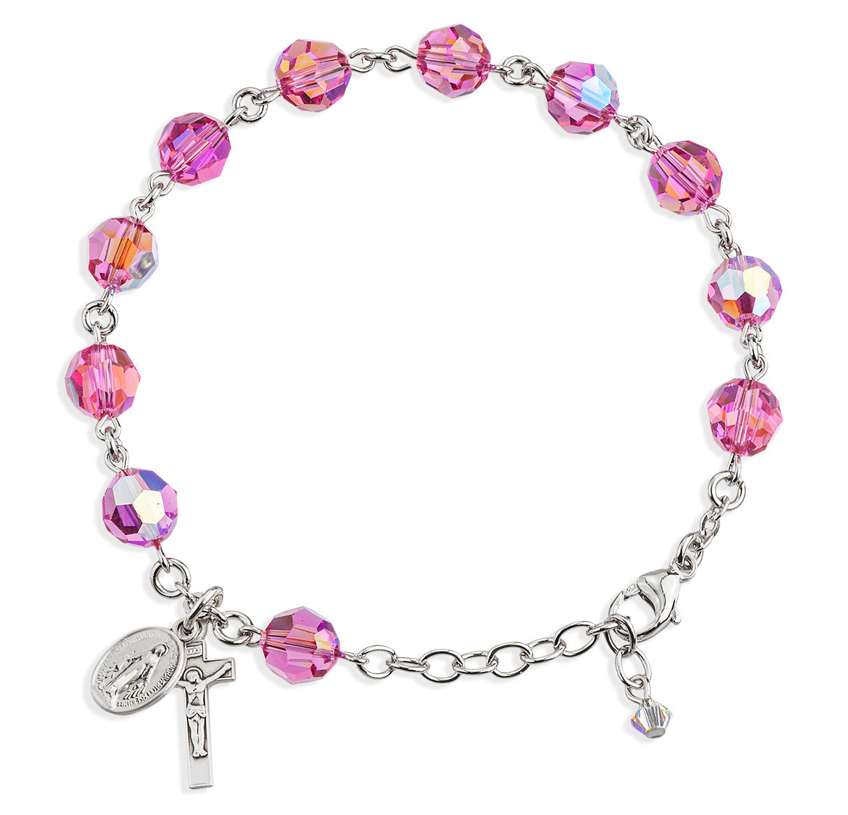 Sterling Silver Rosary Bracelet Created with 8mm Pink Finest Austrian Crystal Round Beads by HMH | .925 Silver