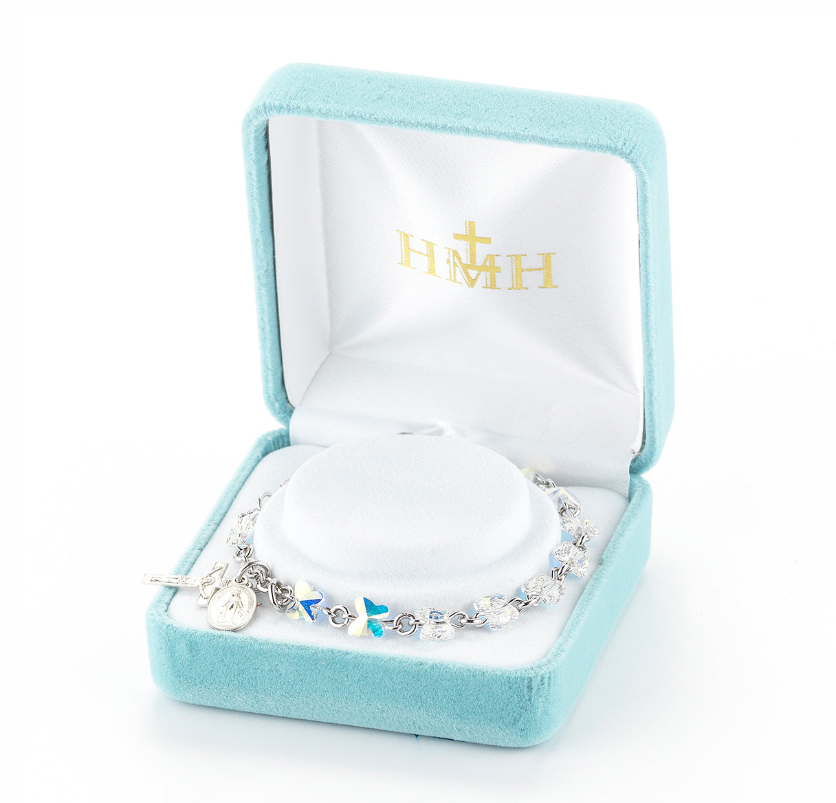 Sterling Silver Rosary Bracelet Created with 6mm Aurora Borealis Finest Austrian Crystal Butterfly Beads by HMH | .925 Silver