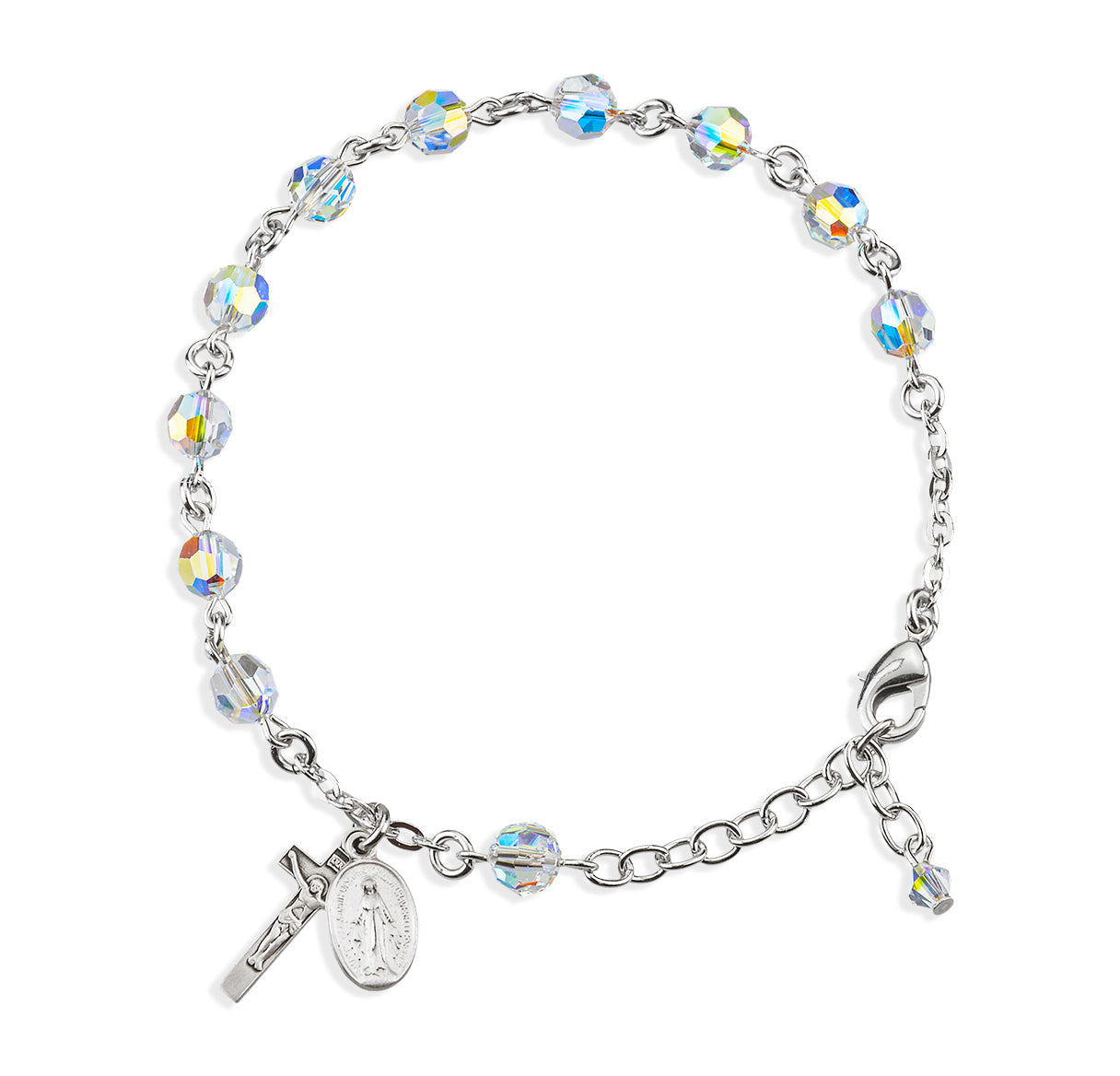 Sterling Silver Rosary Bracelet Created with 6mm Aurora Borealis Finest Austrian Crystal Round Beads by HMH | .925 Silver