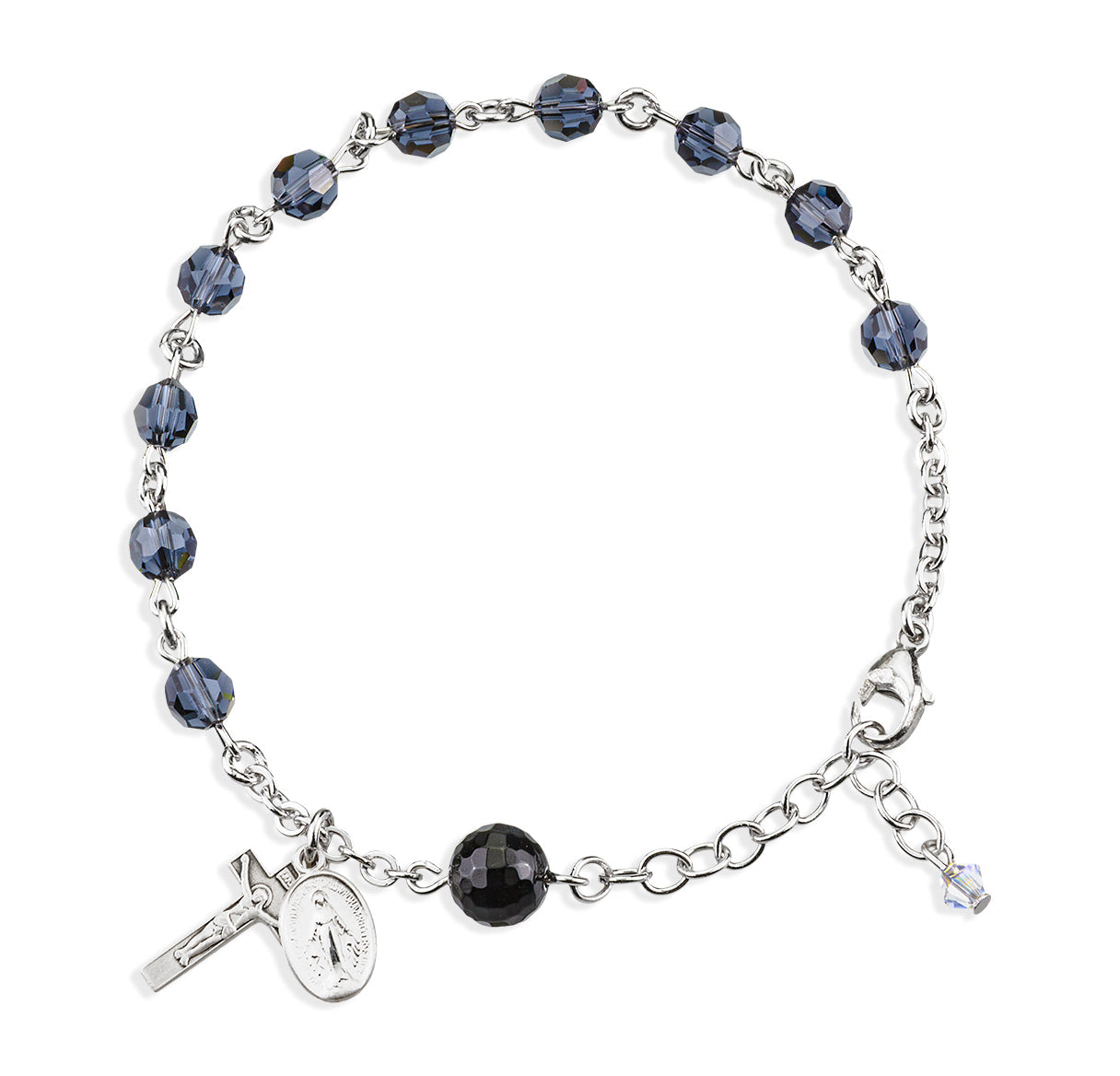 Sterling Silver Rosary Bracelet Created with 6mm Graphite Finest Austrian Crystal Round Beads by HMH | .925 Silver