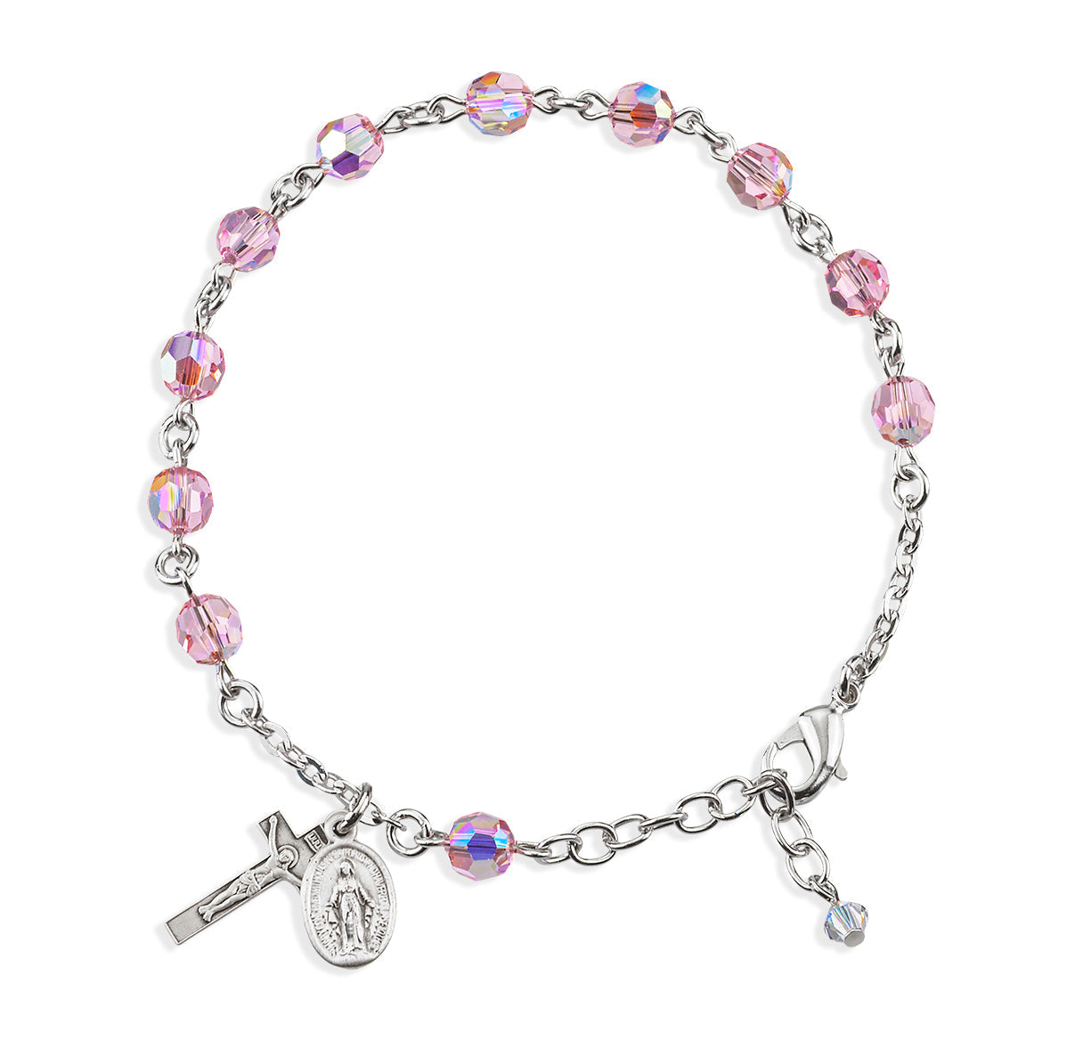 Sterling Silver Rosary Bracelet Created with 6mm Light Rose Finest Austrian Crystal Round Beads by HMH | .925 Silver