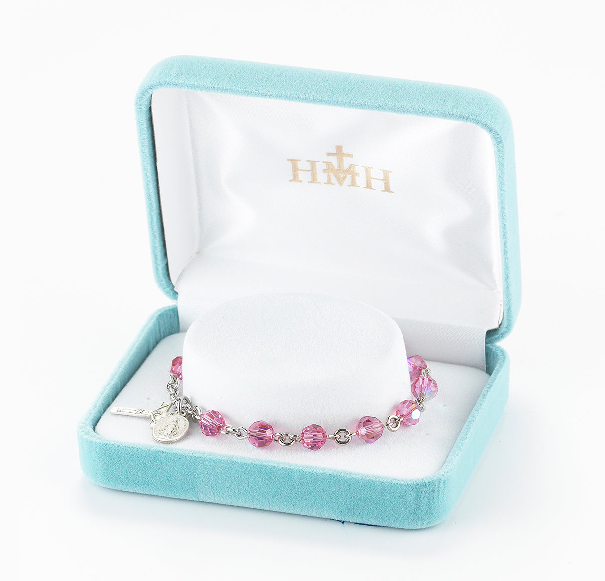 Sterling Silver Rosary Bracelet Created with 6mm Pink Finest Austrian Crystal Round Beads by HMH | .925 Silver