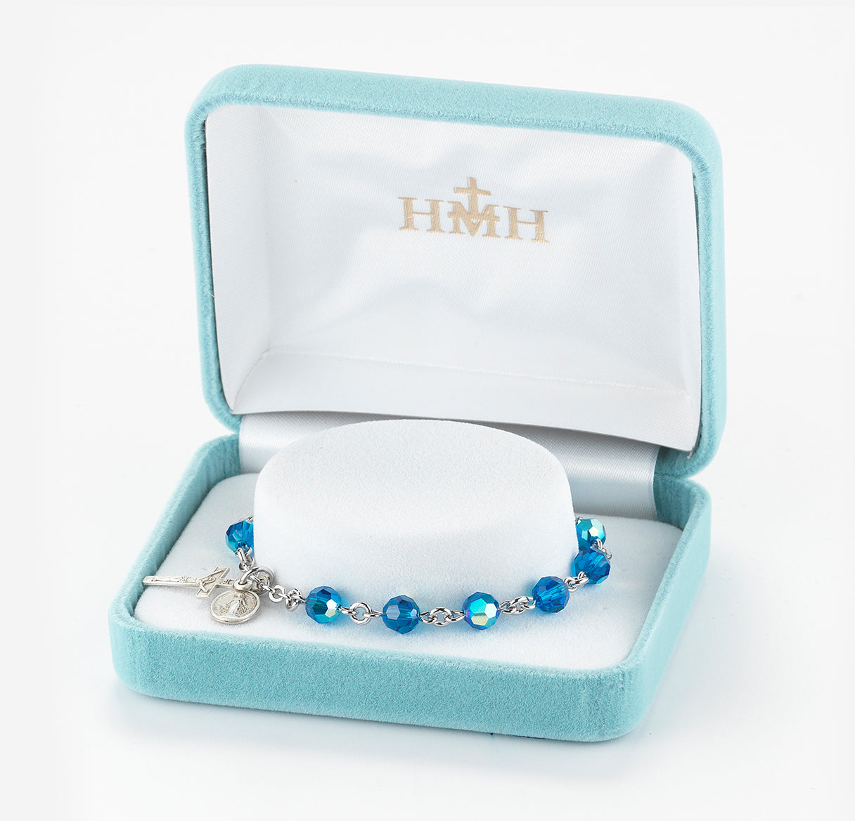 Sterling Silver Rosary Bracelet Created with 6mm Sapphire Finest Austrian Crystal Round Beads by HMH | .925 Silver