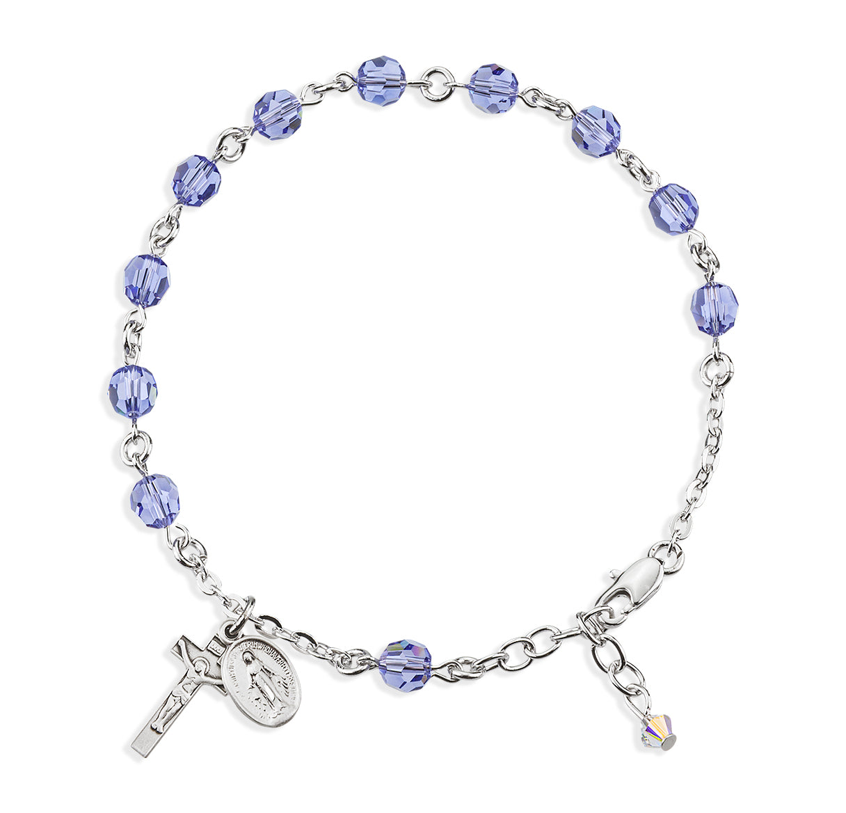 Sterling Silver Rosary Bracelet Created with 6mm Tanzanite Finest Austrian Crystal Round Beads by HMH | .925 Silver