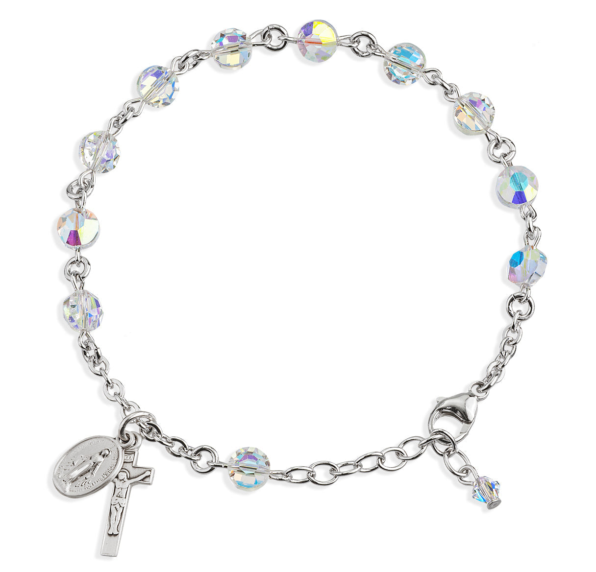 Sterling Silver Rosary Bracelet Created with 6mm Aurora Borealis Finest Austrian Crystal Semi-Flat Beads by HMH | .925 Silver