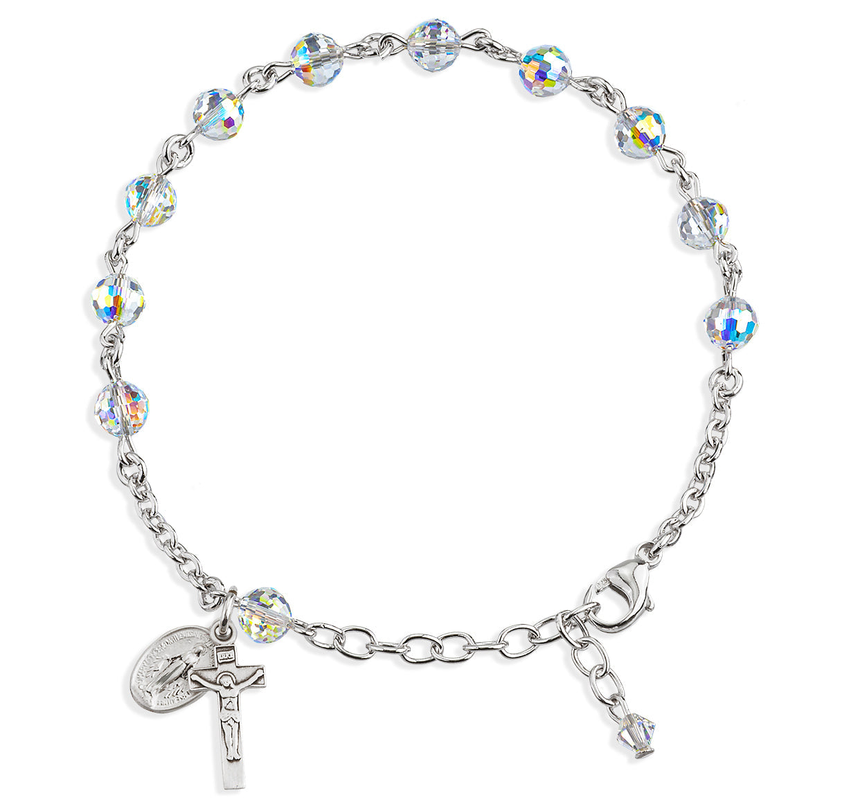 Sterling Silver Rosary Bracelet Created with 6mm Aurora Borealis Finest Austrian Crystal Multi-Faceted Beads by HMH | .925 Silver