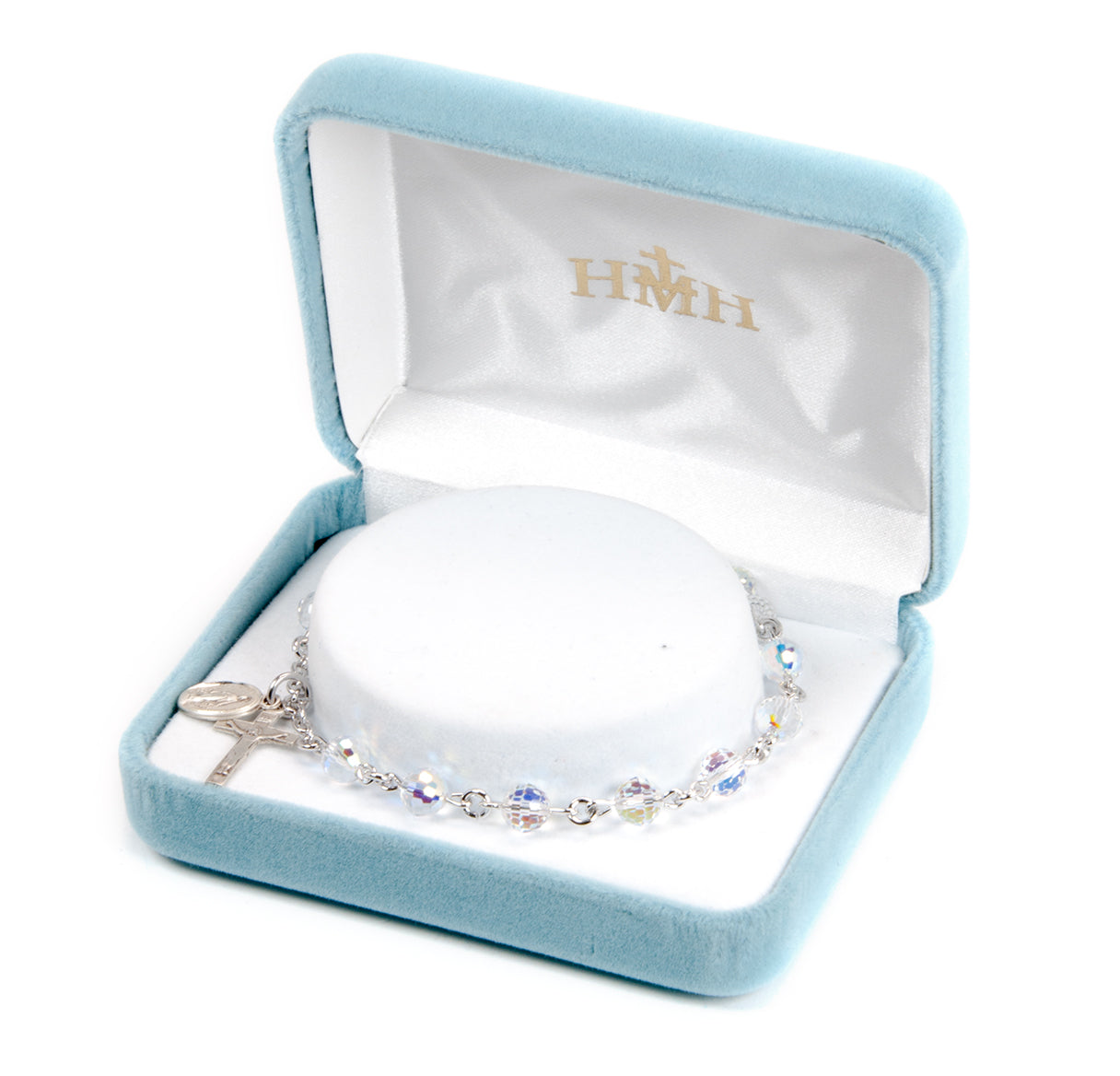 Sterling Silver Rosary Bracelet Created with 6mm Aurora Borealis Finest Austrian Crystal Multi-Faceted Beads by HMH | .925 Silver