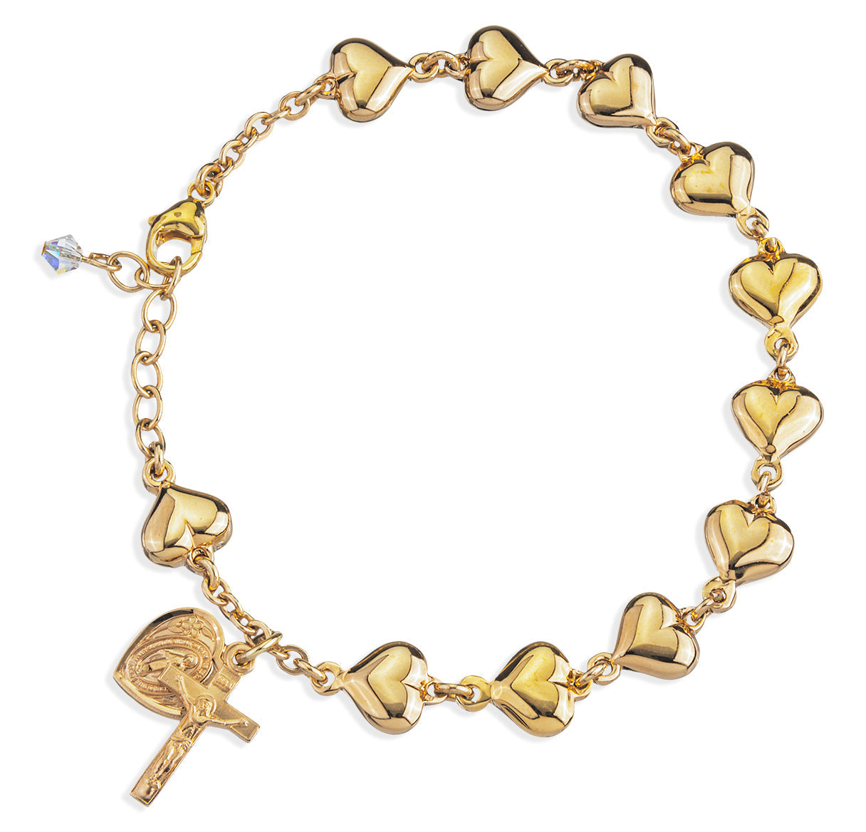 Solid Gold Over Sterling Silver Polished Heart Rosary Bracelet | 16kt Gold Plated .925 Silver