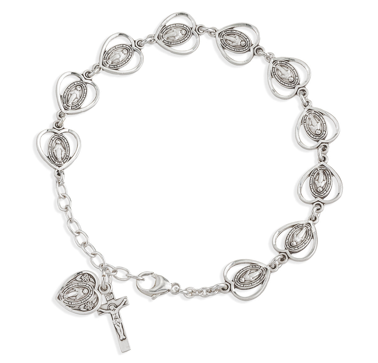 Pierced Miraculous Medal Heart Sterling Silver Rosary Bracelet | .925 Silver
