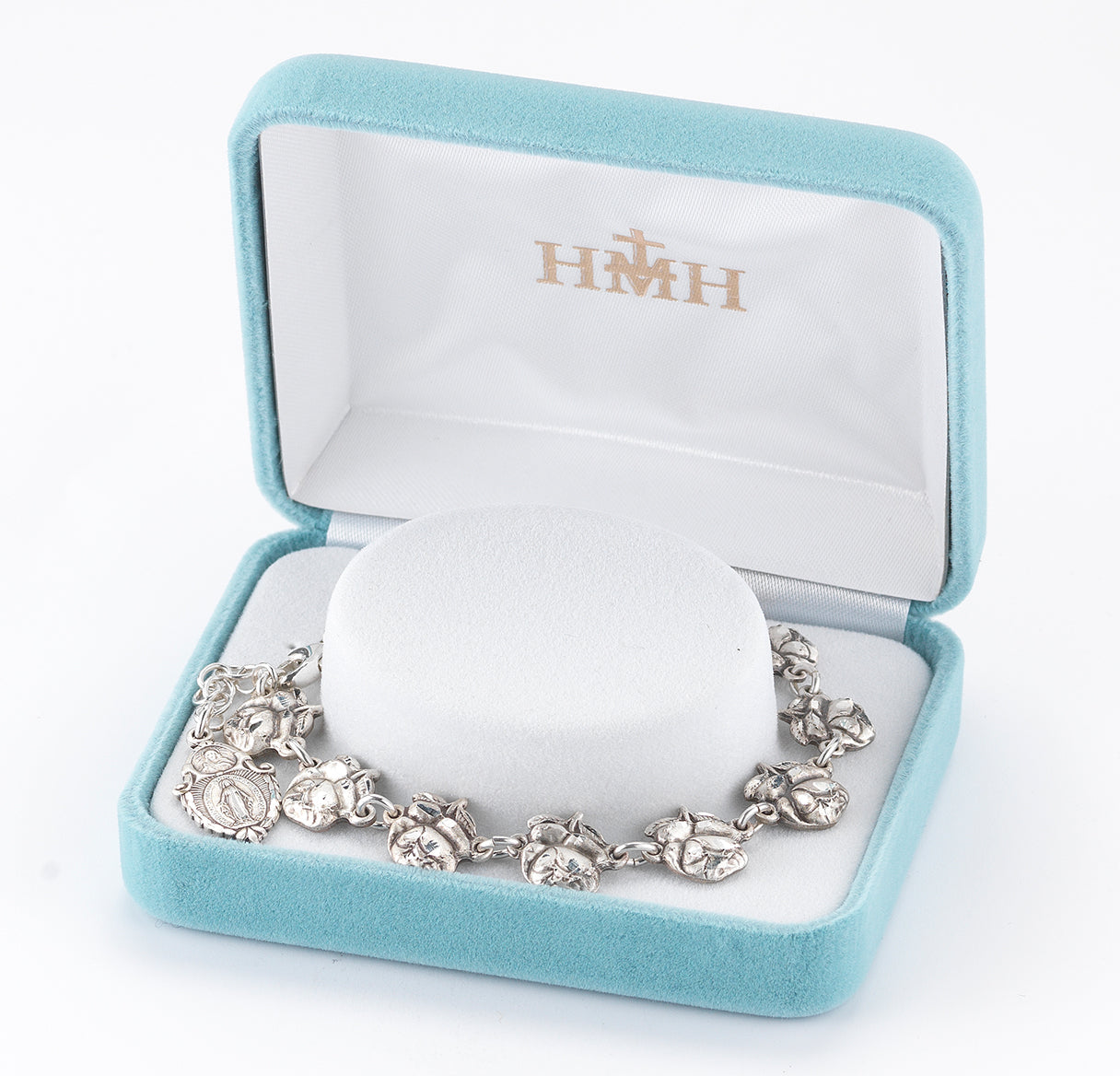 Rose Bud Beads with Saint Images Sterling Silver Bracelet Necklace | .925 Silver