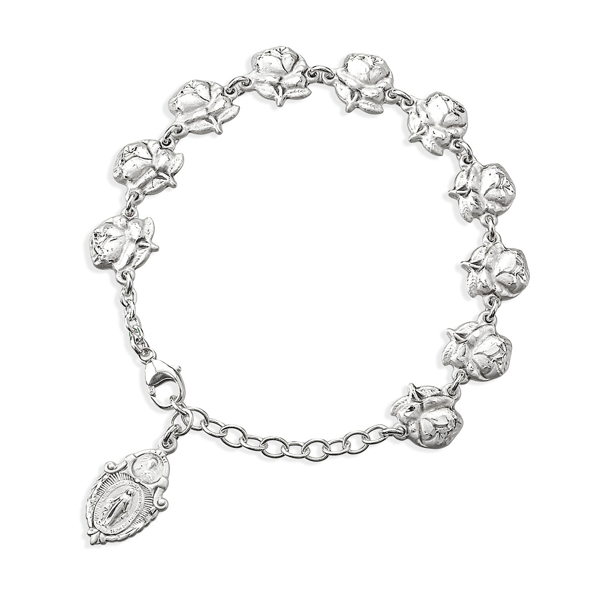 Rose Bud Beads with Saint Images Sterling Silver Bracelet Necklace | .925 Silver
