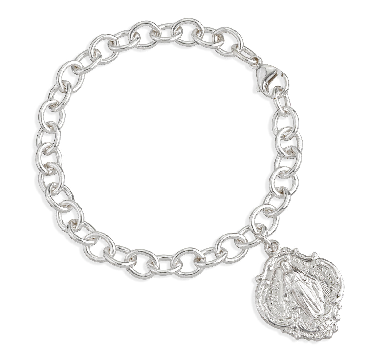 Solid Sterling Silver Linked Bracelet with Hail Mary Miraculous Medal Charm Necklace | .925 Silver