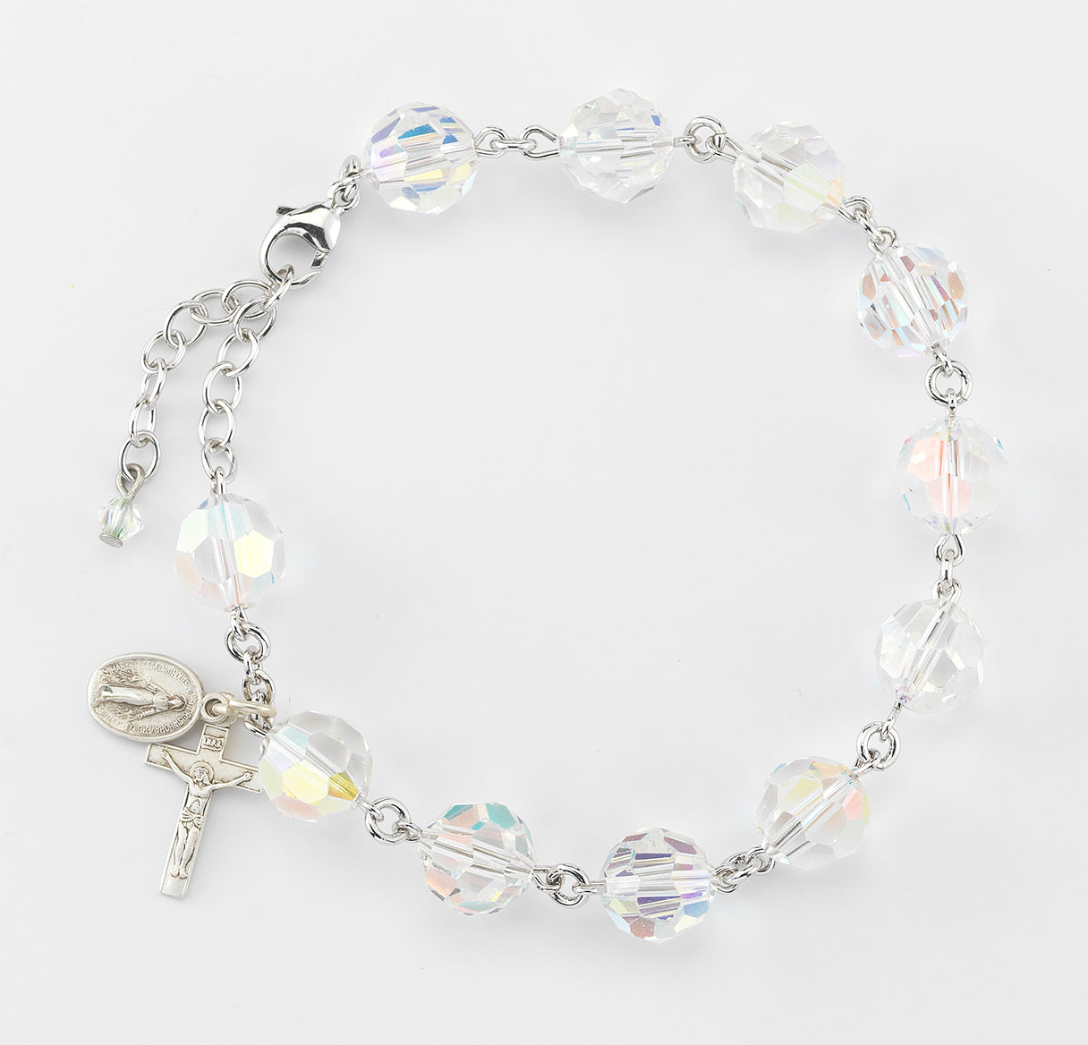 Sterling Silver Rosary Bracelet Created with 10mm Aurora Borealis Finest Austrian Crystal Round Beads by HMH | .925 Silver