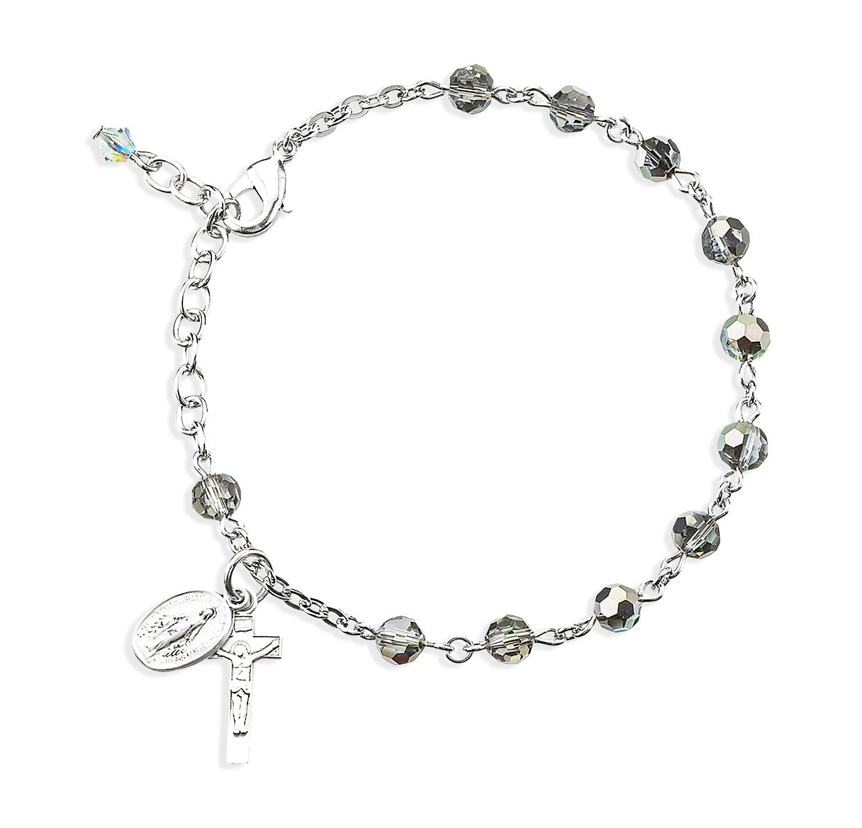 Metallic Silver Round Faceted Crystal Rosary Bracelet | .925 Silver