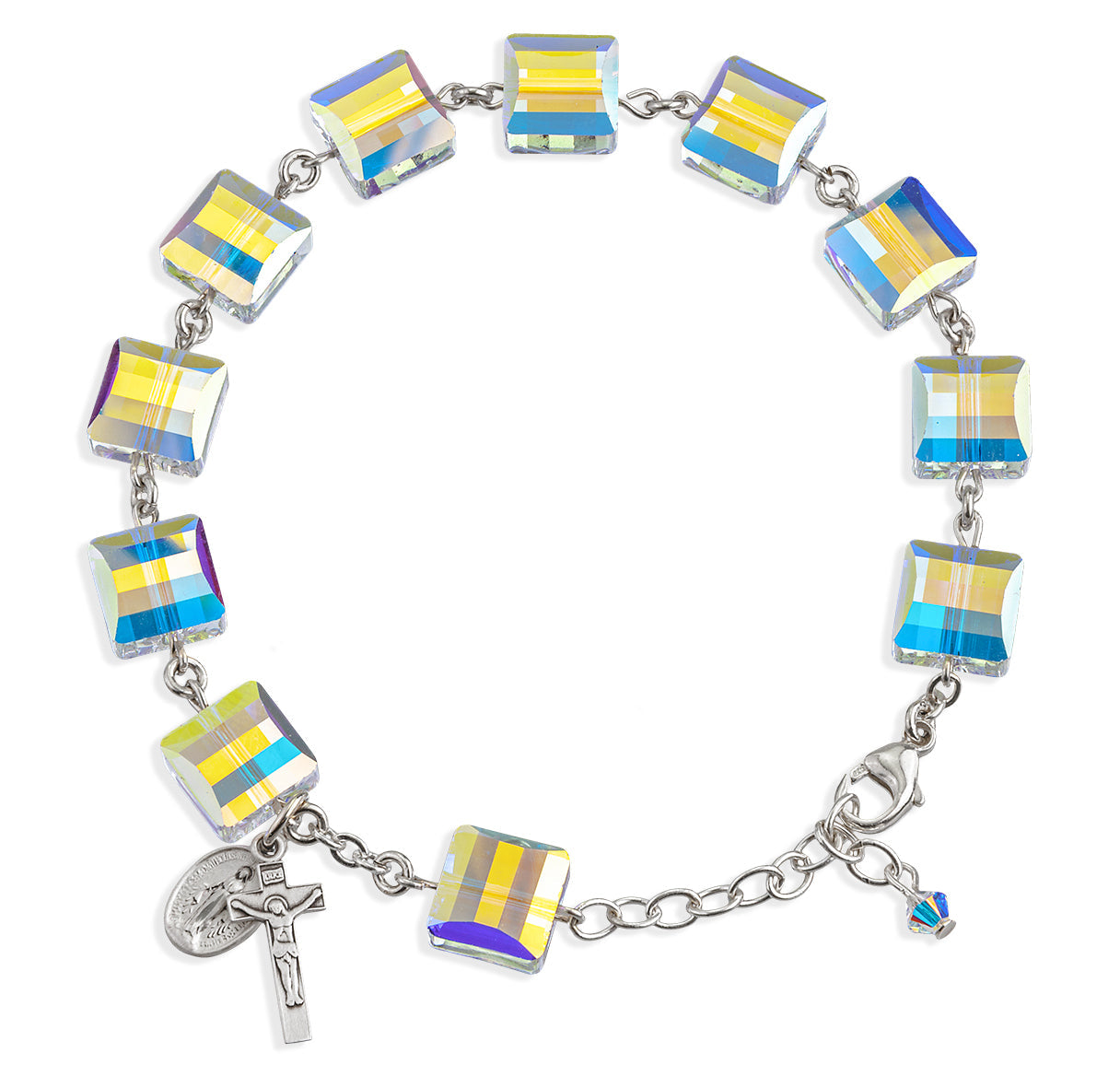 Rosary Bracelet Created with 10mm Aurora Borealis Finest Austrian Crystal Multi-Facted Square Beads by HMH | Catholic Rosary