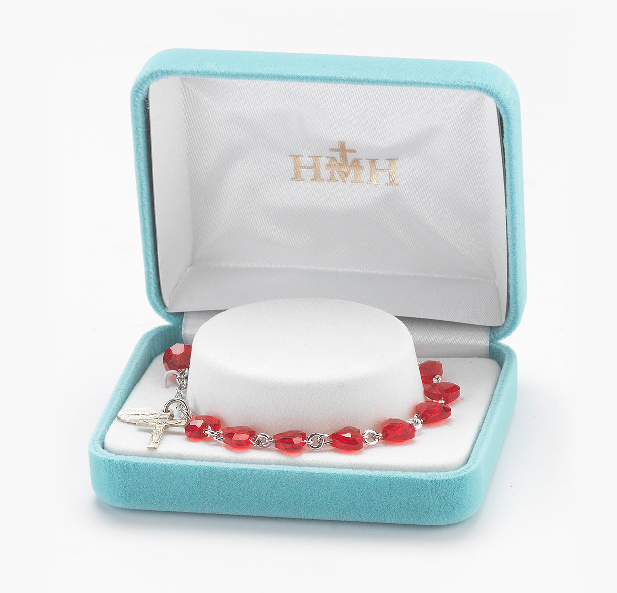 Rosary Bracelet Created with 8mm Red Finest Austrian Crystal Heart Shape Beads by HMH | Catholic Rosary