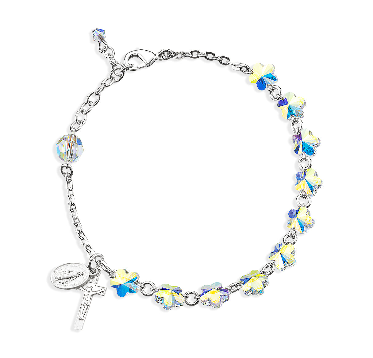 Rosary Bracelet Created with 8mm Aurora Borealis Finest Austrian Crystal Flower Shape Beads by HMH | Catholic Rosary