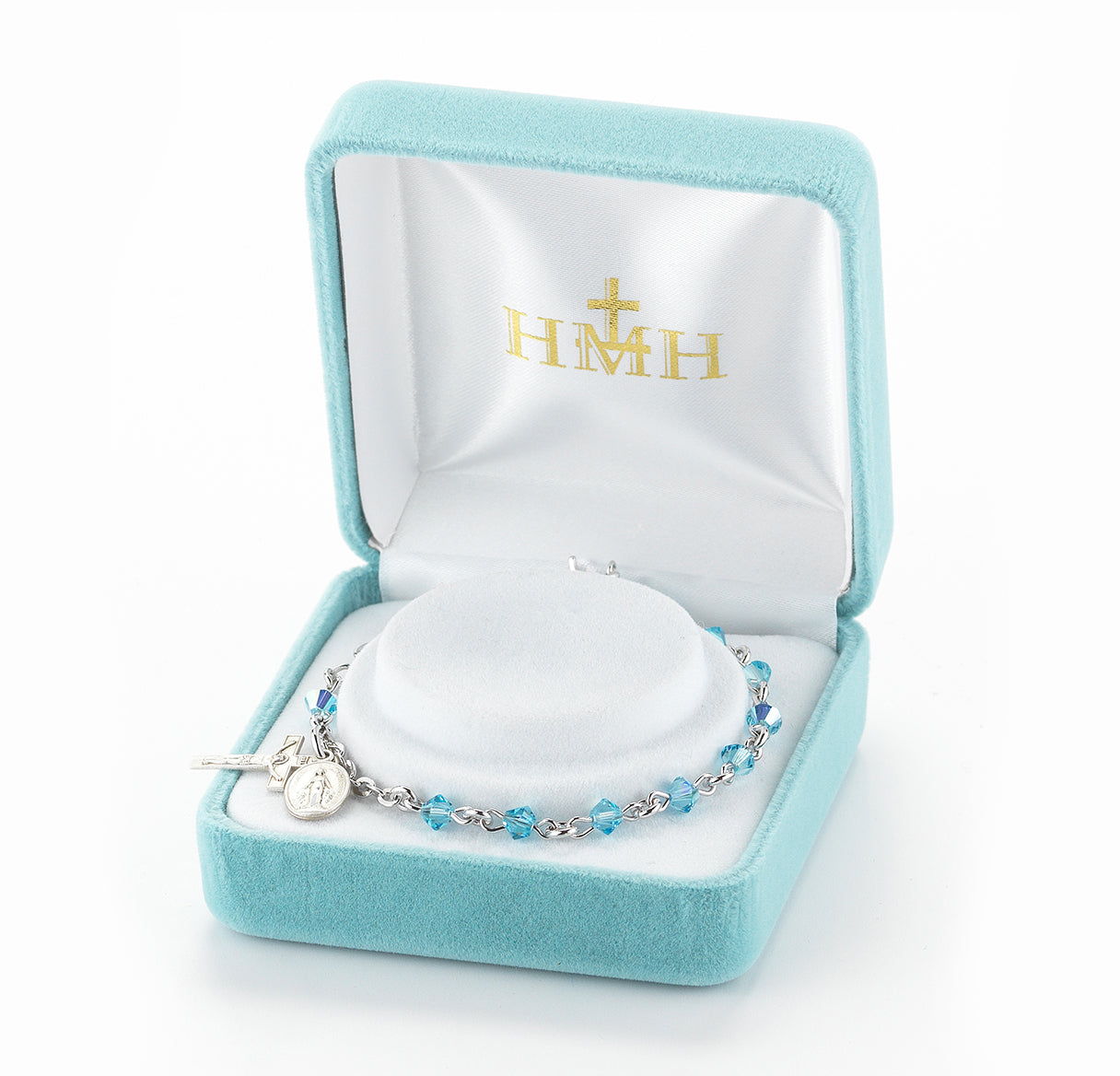 Rosary Bracelet Created with 4mm Aqua Finest Austrian Crystal Rondelle Beads by HMH | Catholic Rosary