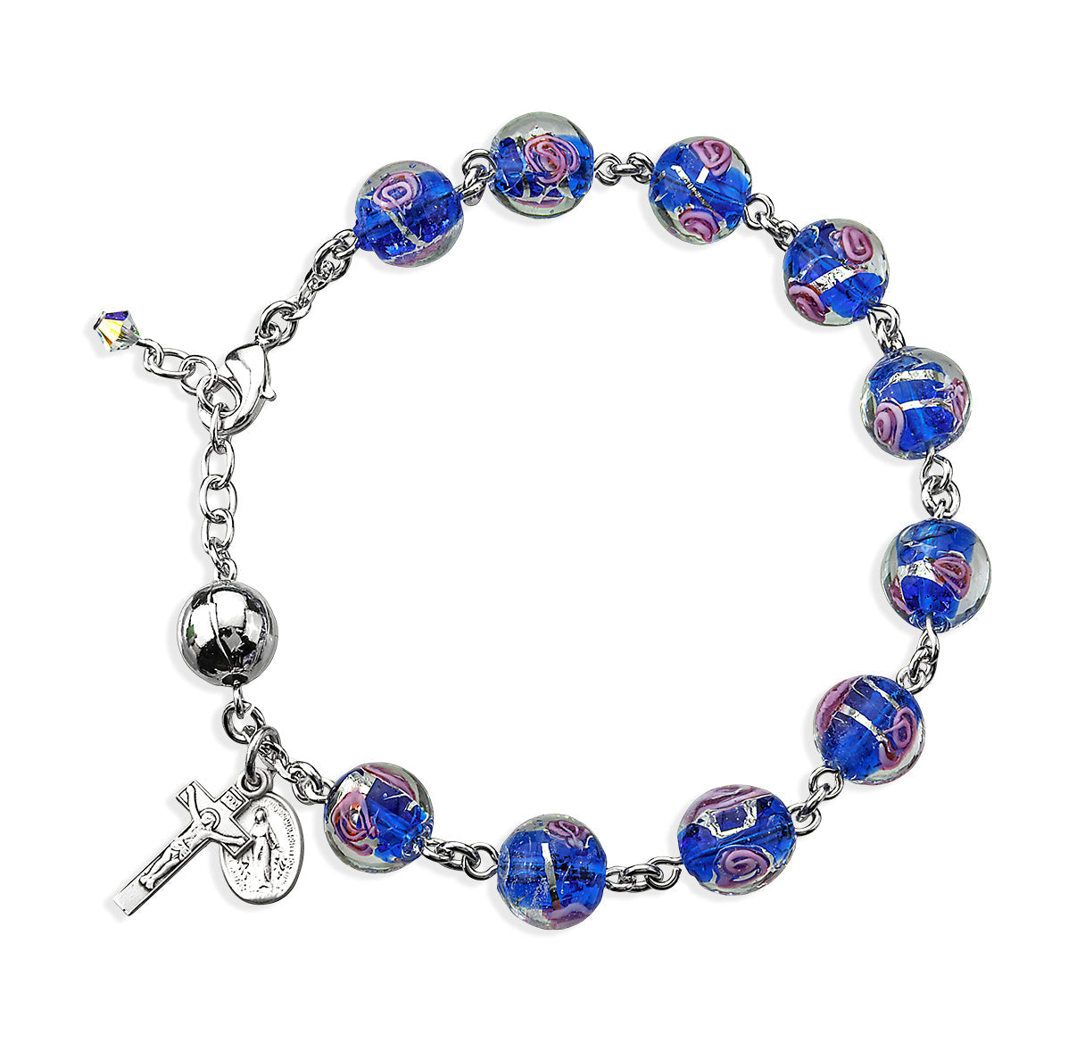 Venetian Style Round Blue with Pink Rose Embedded Glass Bead Rosary Bracelet | Catholic Rosary