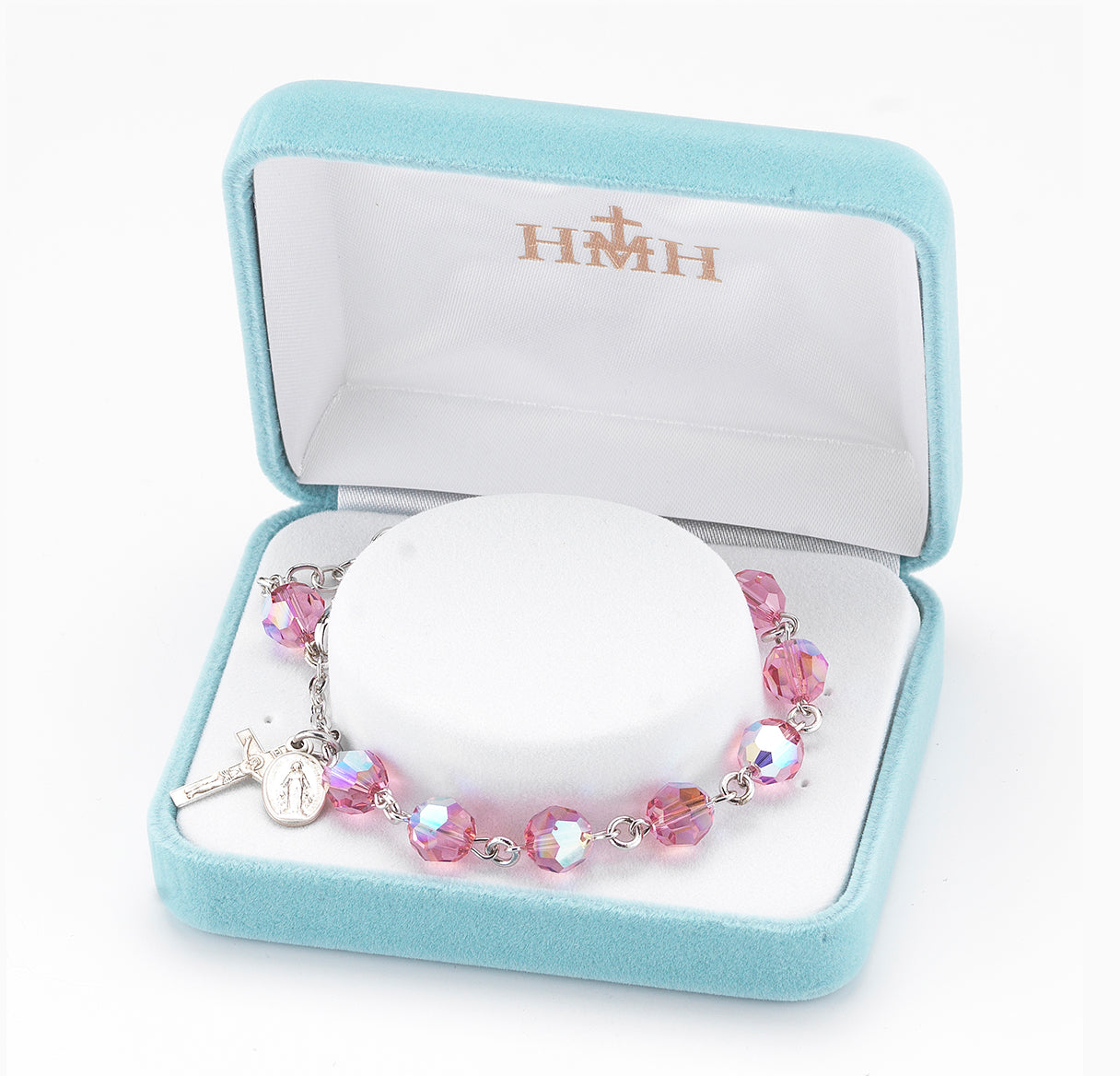 Rosary Bracelet Created with 8mm Pink Finest Austrian Crystal Round Beads by HMH | Catholic Rosary