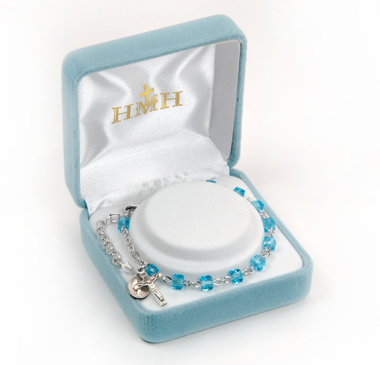 Crystal Aqua Cube Bead Rosary Bracelet | Catholic Rosary