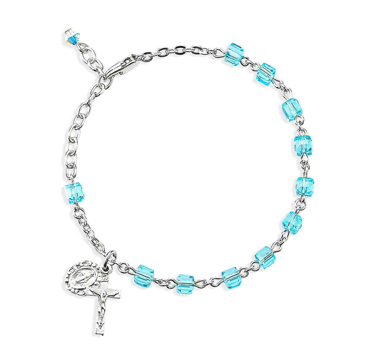Crystal Aqua Cube Bead Rosary Bracelet | Catholic Rosary