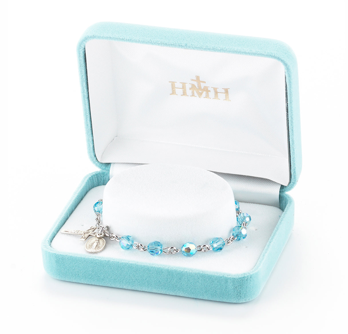 Rosary Bracelet Created with 6mm Aqua Finest Austrian Crystal Round Beads by HMH | Catholic Rosary