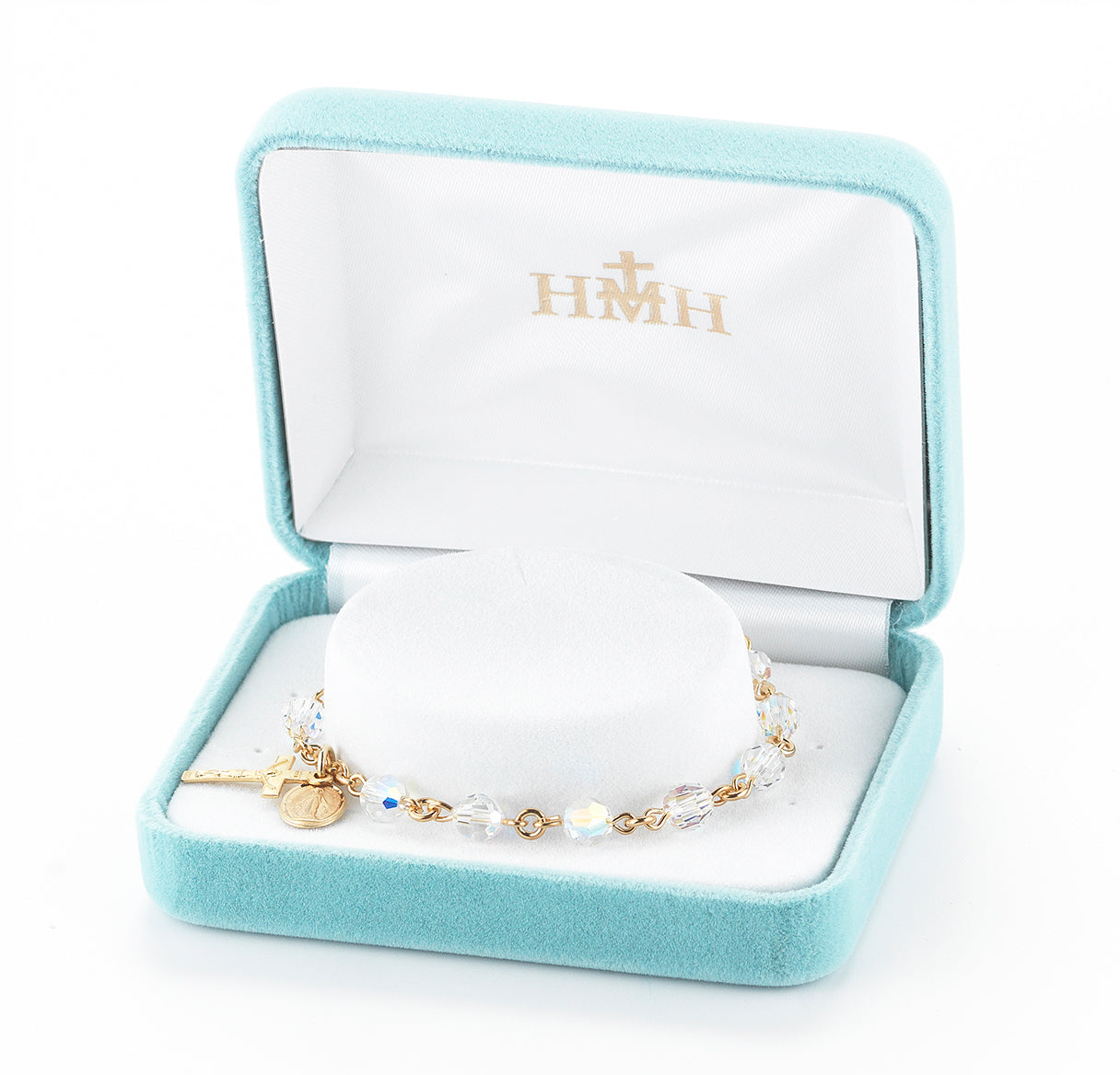 Gold Plated Rosary Bracelet Created with 6mm Aurora Borealis Finest Austrian Crystal Round Beads by HMH | Catholic Rosary