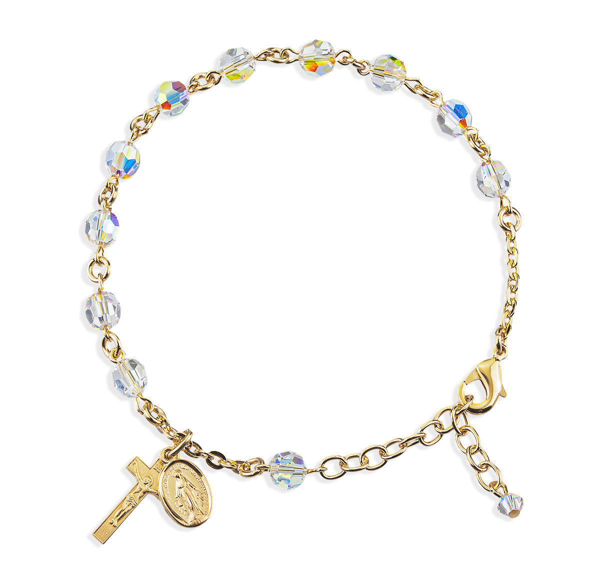 Gold Plated Rosary Bracelet Created with 6mm Aurora Borealis Finest Austrian Crystal Round Beads by HMH | Catholic Rosary