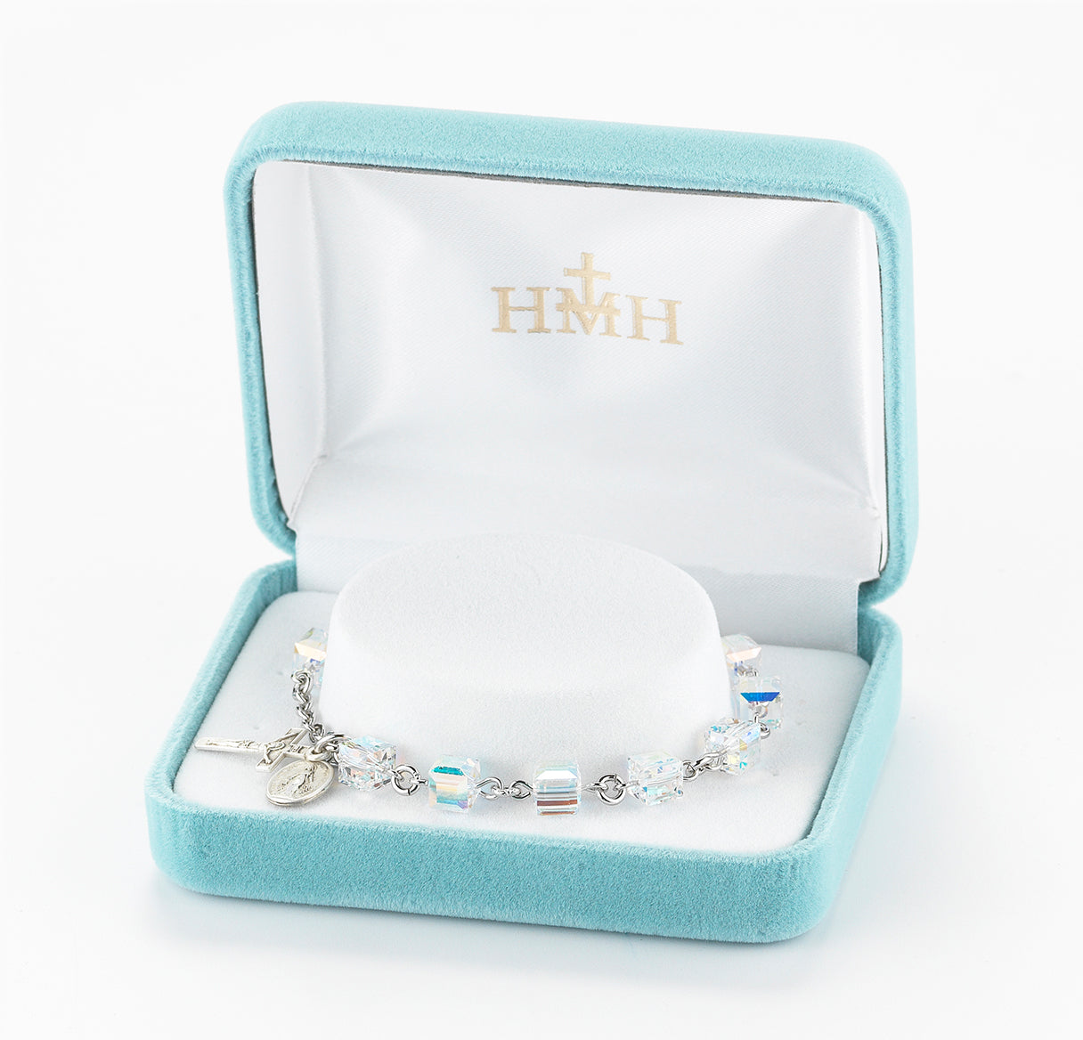 Rosary Bracelet Created with 6mm Aurora Borealis Finest Austrian Crystal Cube Shape Beads by HMH | Catholic Rosary