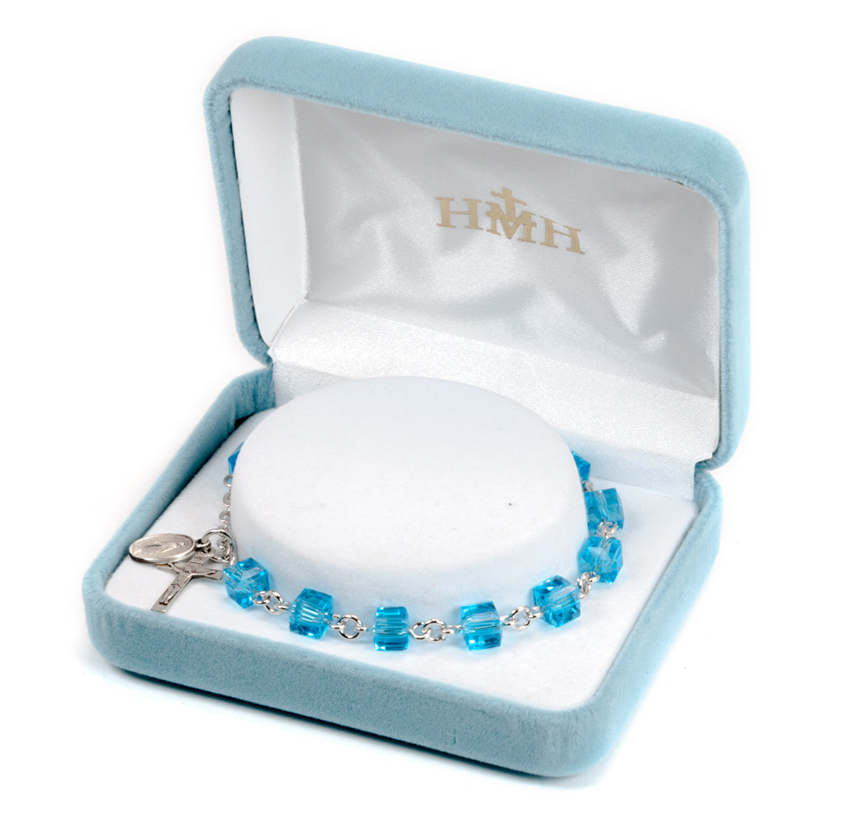 Crystal Cube Aqua Bead Rosary Bracelet | Catholic Rosary