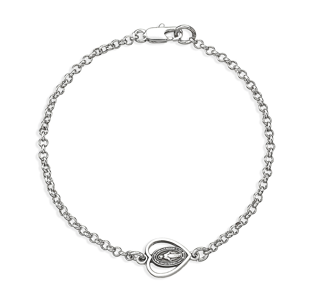 Sterling Silver Miraculous Medal Cut Out Heart on Platinum Plated Rolo Chain Bracelet 7 1/2" Necklace | .925 Silver